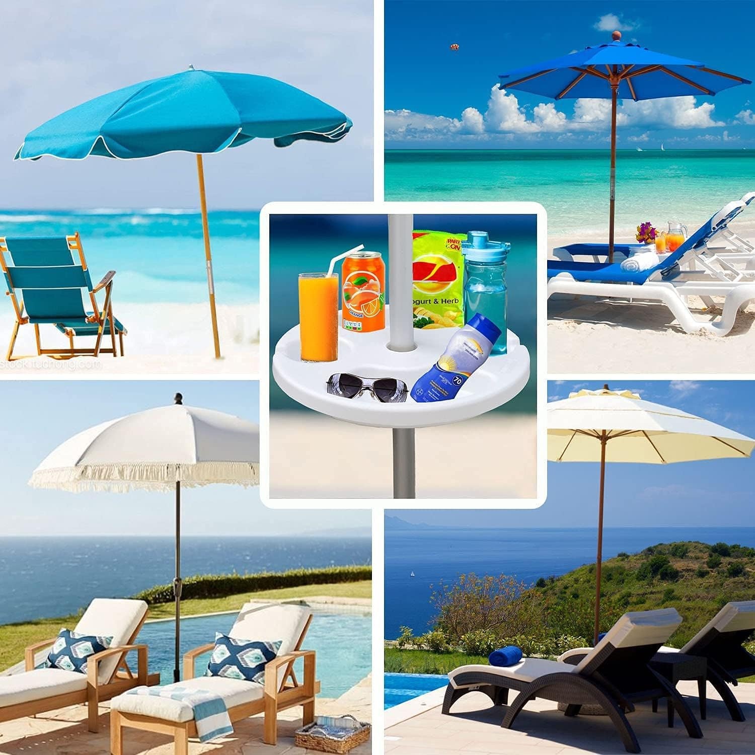 image:imageAMMSUN 13 Portable Beach Umbrella Table Tray Teal for Beach Patio Garden Swimming Pool with Cup Drinks Holders Snack CompartmentsA White