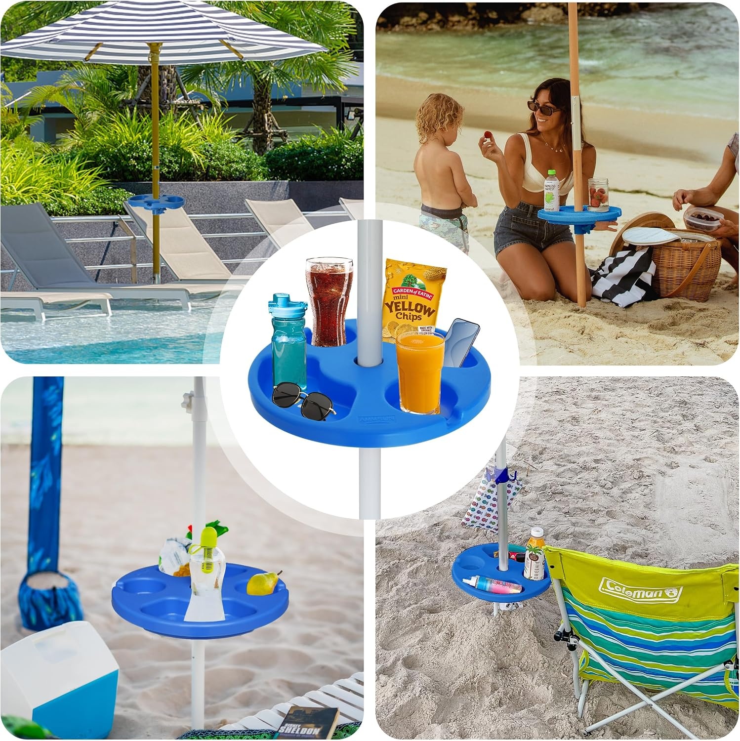 image:imageAMMSUN 13 Portable Beach Umbrella Table Tray Teal for Beach Patio Garden Swimming Pool with Cup Drinks Holders Snack CompartmentsBlue