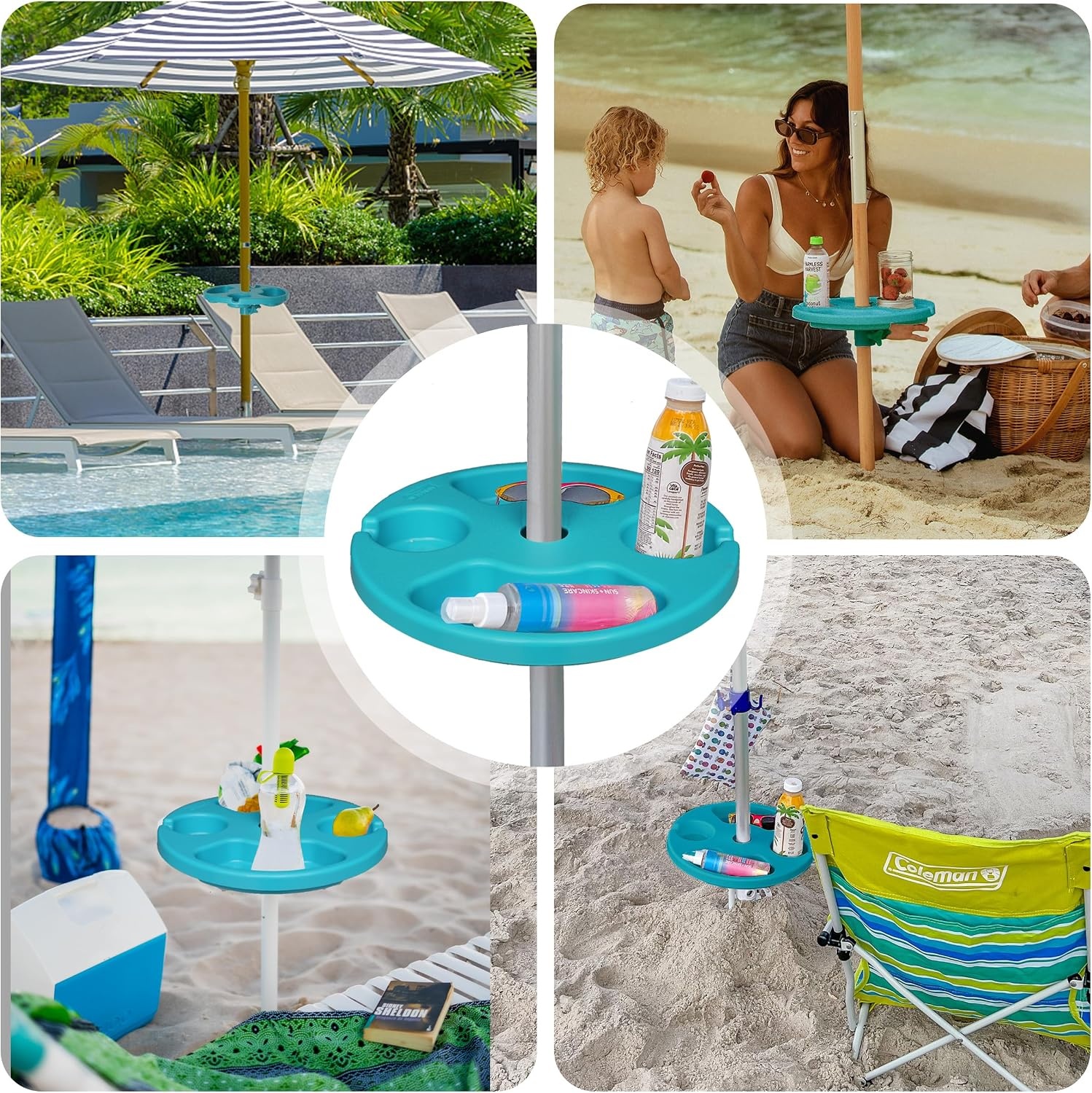 image:imageAMMSUN 13 Portable Beach Umbrella Table Tray Teal for Beach Patio Garden Swimming Pool with Cup Drinks Holders Snack CompartmentsTeal