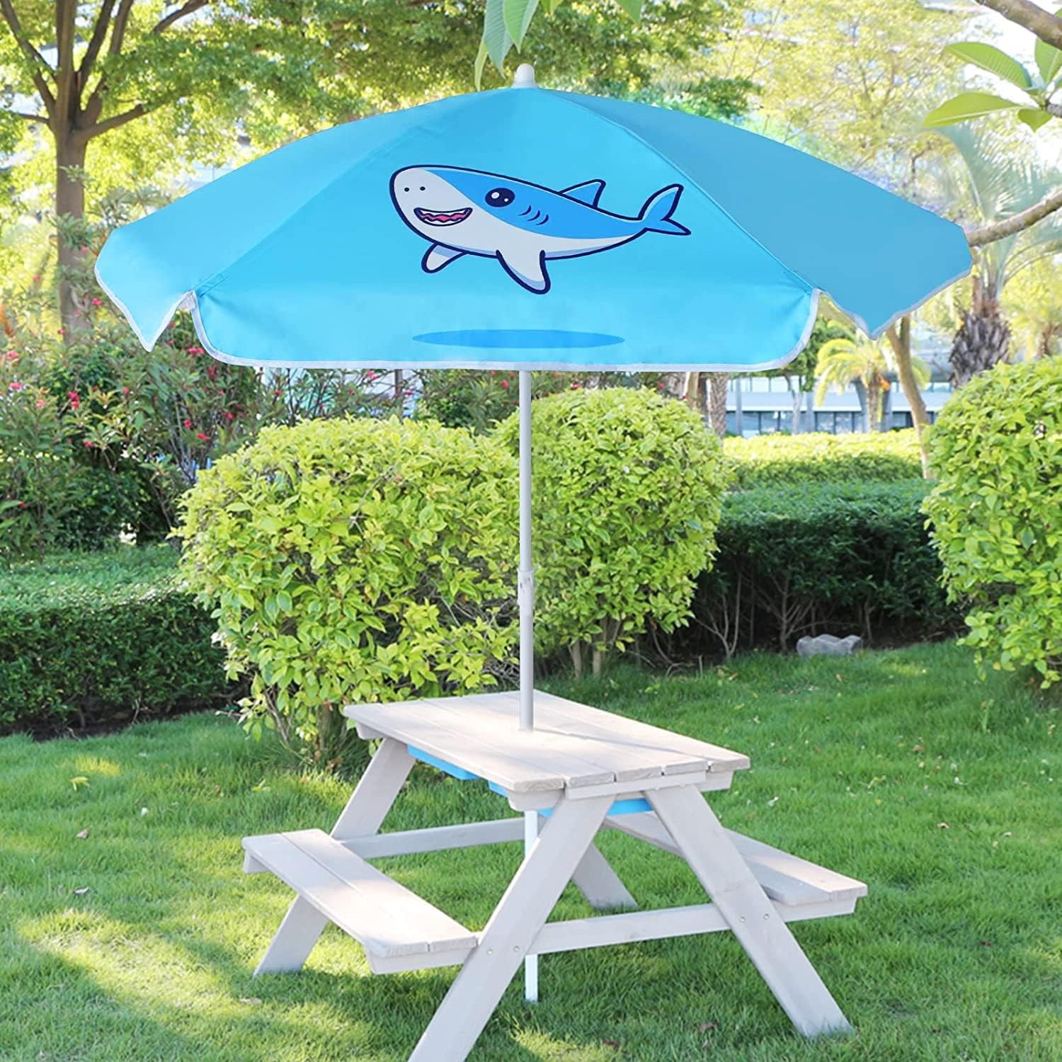image:imageAMMSUN 47 Kids Beach Umbrella for Sand Box Picnic Water Table Shade 47 inch Seaside Children Umbrella Sun Protection Durable for beach camping garden and outdoor play Clown fishBlueShark