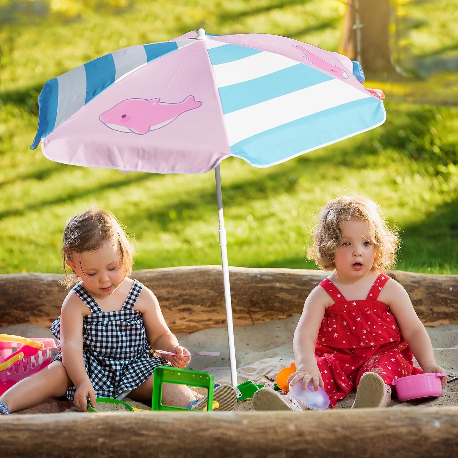 image:imageAMMSUN 47 Kids Beach Umbrella for Sand Box Picnic Water Table Shade 47 inch Seaside Children Umbrella Sun Protection Durable for beach camping garden and outdoor play Clown fishPink