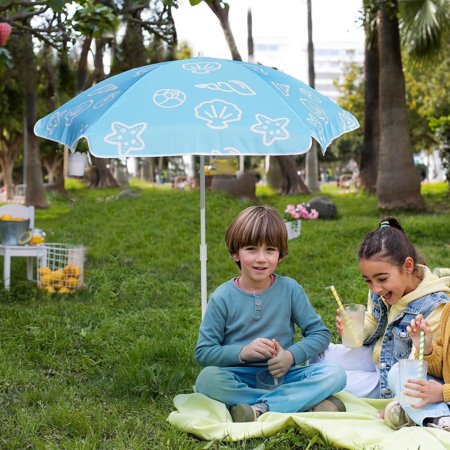 image:imageAMMSUN 47 Kids Beach Umbrella for Sand Box Picnic Water Table Shade 47 inch Seaside Children Umbrella Sun Protection Durable for beach camping garden and outdoor play Clown fishBlue Shell