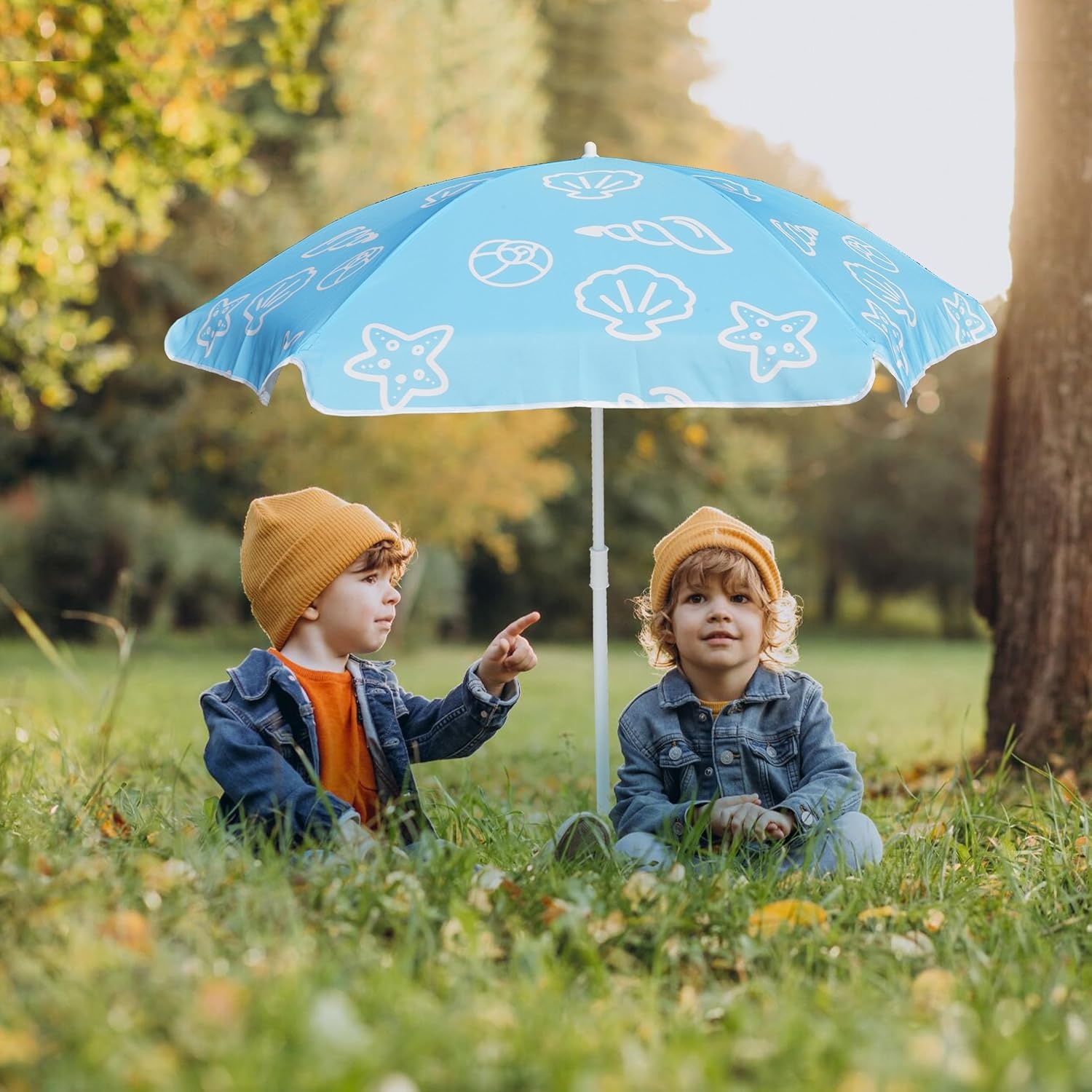 image:imageAMMSUN 47 Kids Beach Umbrella for Sand Box Picnic Water Table Shade 47 inch Seaside Children Umbrella Sun Protection Durable for beach camping garden and outdoor play Clown fishBlue Shell