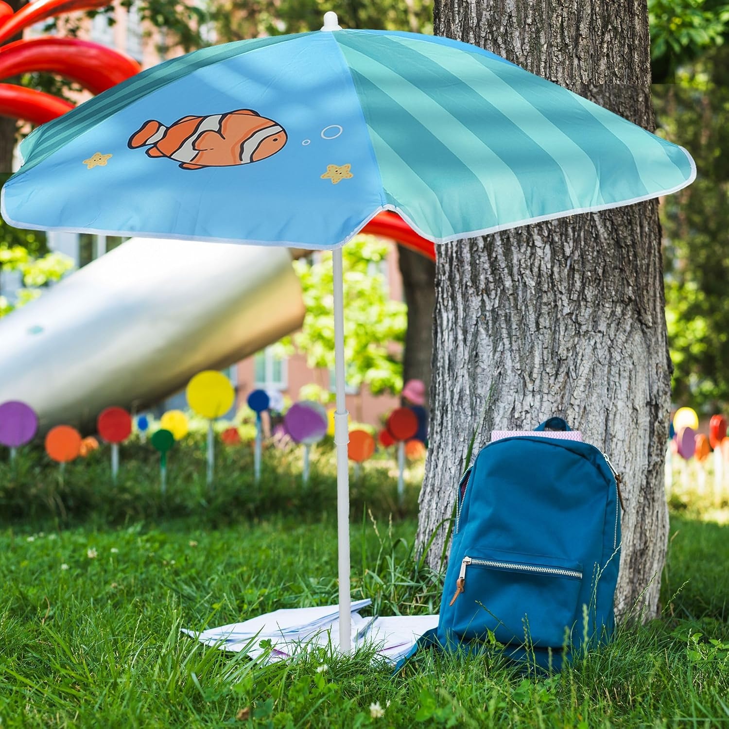image:imageAMMSUN 47 Kids Beach Umbrella for Sand Box Picnic Water Table Shade 47 inch Seaside Children Umbrella Sun Protection Durable for beach camping garden and outdoor play Clown fishGreen