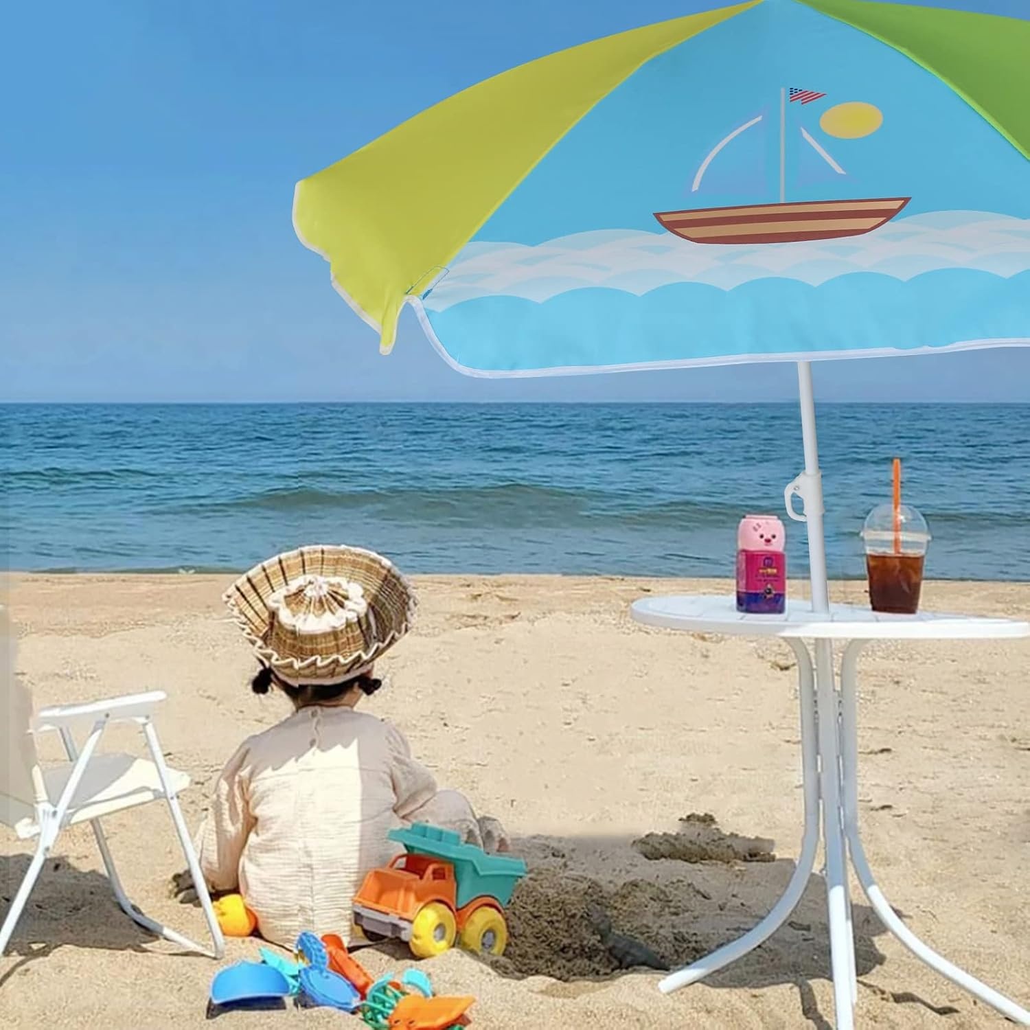 image:imageAMMSUN 47 Kids Beach Umbrella for Sand Box Picnic Water Table Shade 47 inch Seaside Children Umbrella Sun Protection Durable for beach camping garden and outdoor play Clown fishGreenBoat