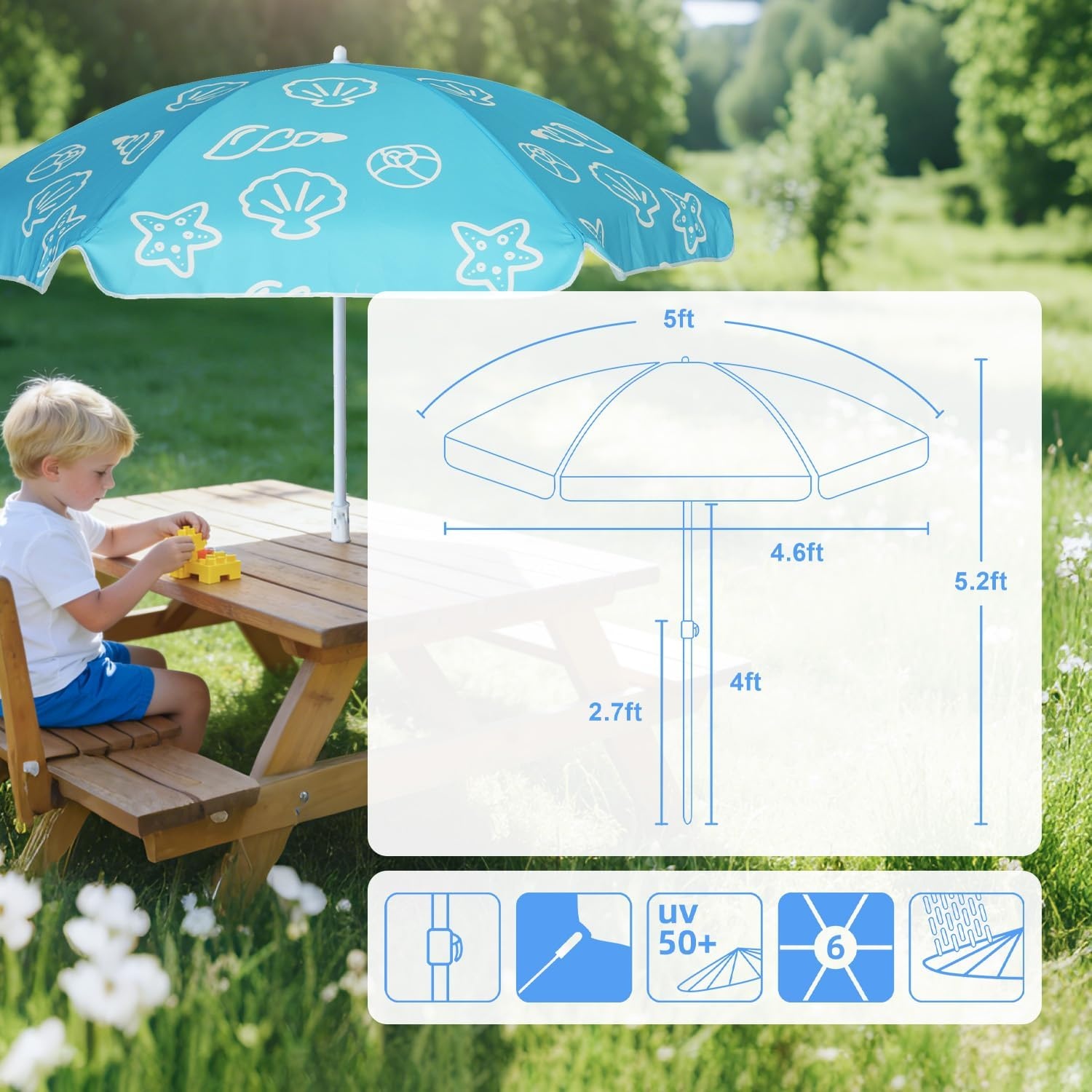 image:imageAMMSUN 5ft Kids Beach Umbrella for Picnic Water Table Sand Box Sun Shade Durable Children Seaside Umbrella UV Protection UPF50 Ideal for sand play beach camping garden and outdoor fun5ft Shell Blue