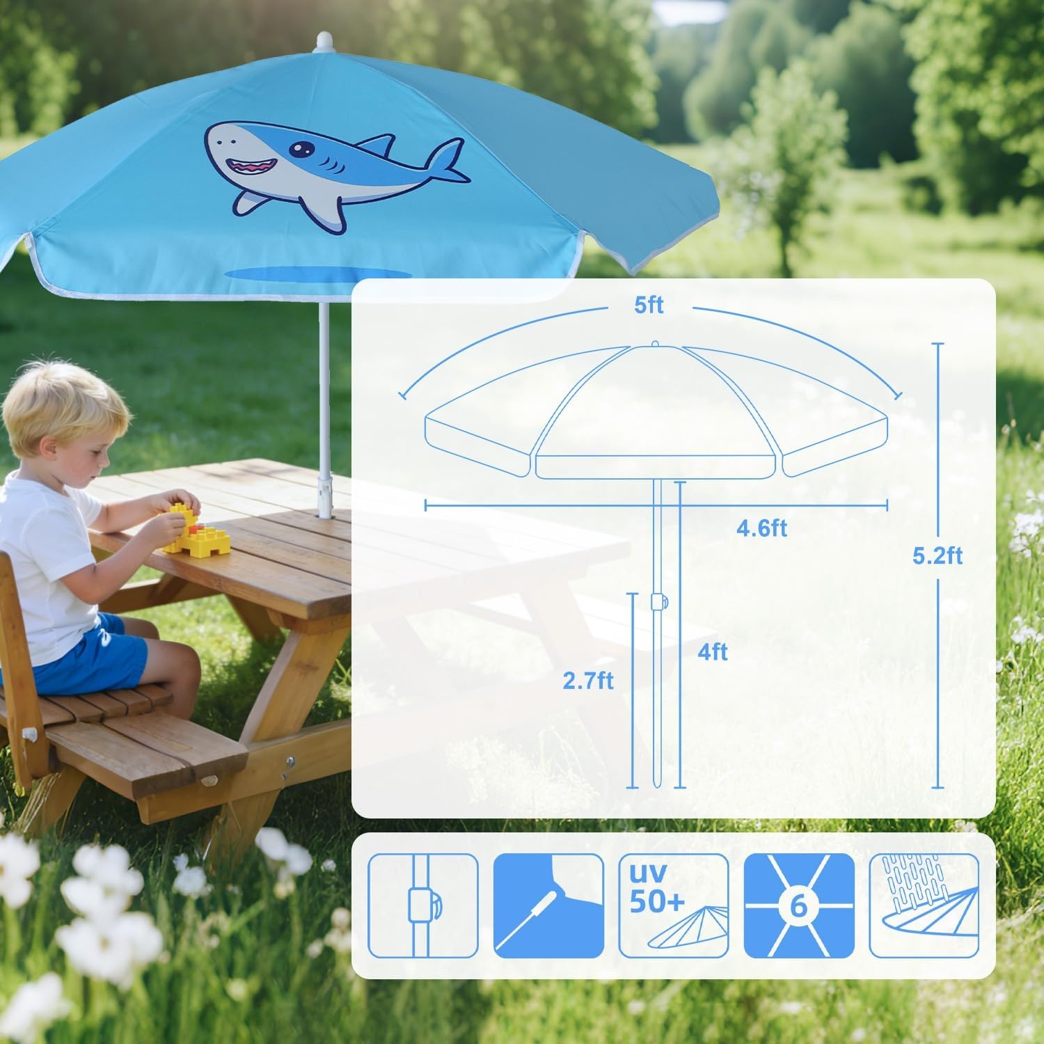 image:imageAMMSUN 5ft Kids Beach Umbrella for Picnic Water Table Sand Box Sun Shade Durable Children Seaside Umbrella UV Protection UPF50 Ideal for sand play beach camping garden and outdoor fun5ft Blue Shark