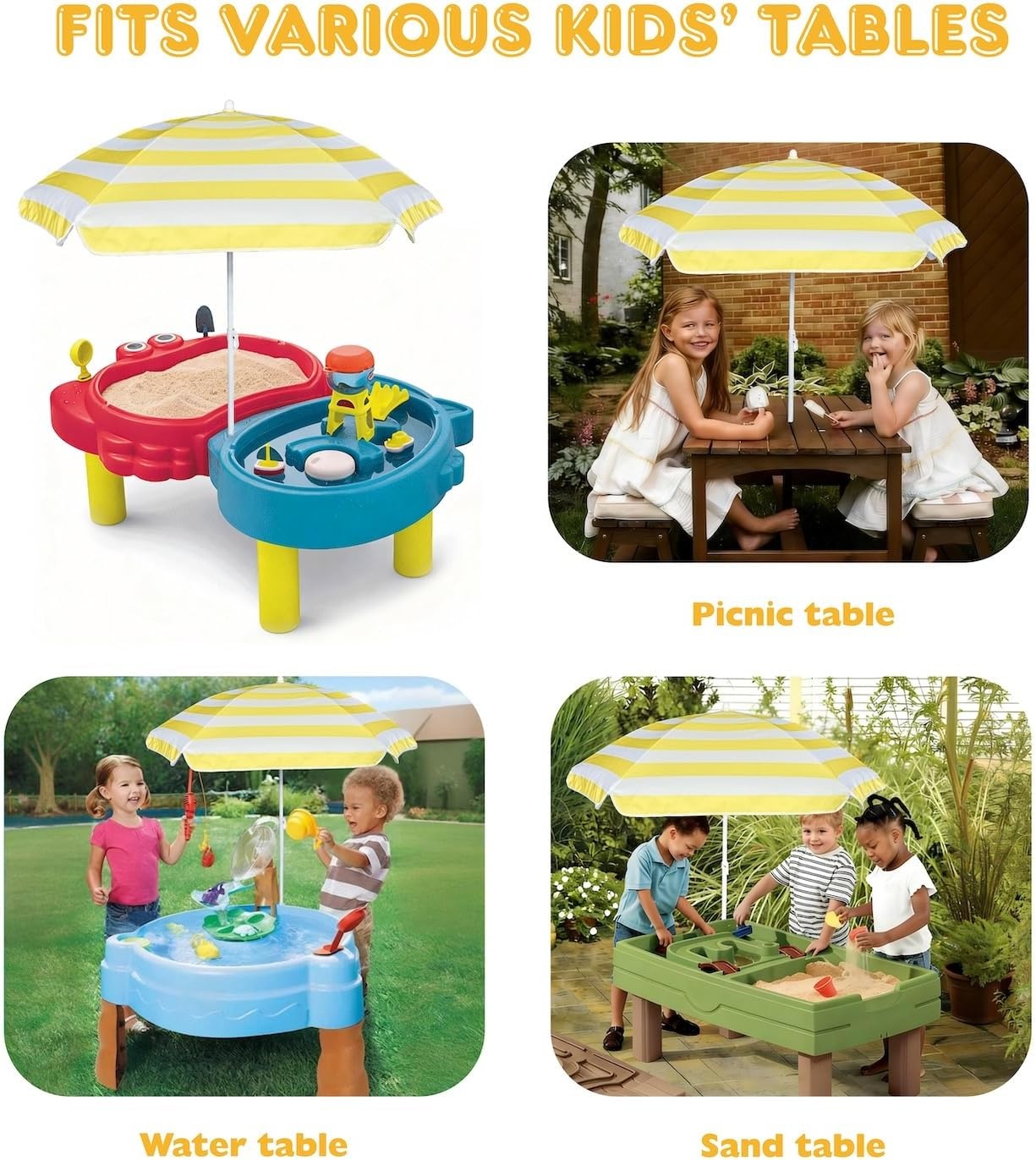 image:imageAMMSUN 5ft Kids Beach Umbrella for Picnic Water Table Sand Box Sun Shade Durable Children Seaside Umbrella UV Protection UPF50 Ideal for sand play beach camping garden and outdoor fun5ft Yellow White