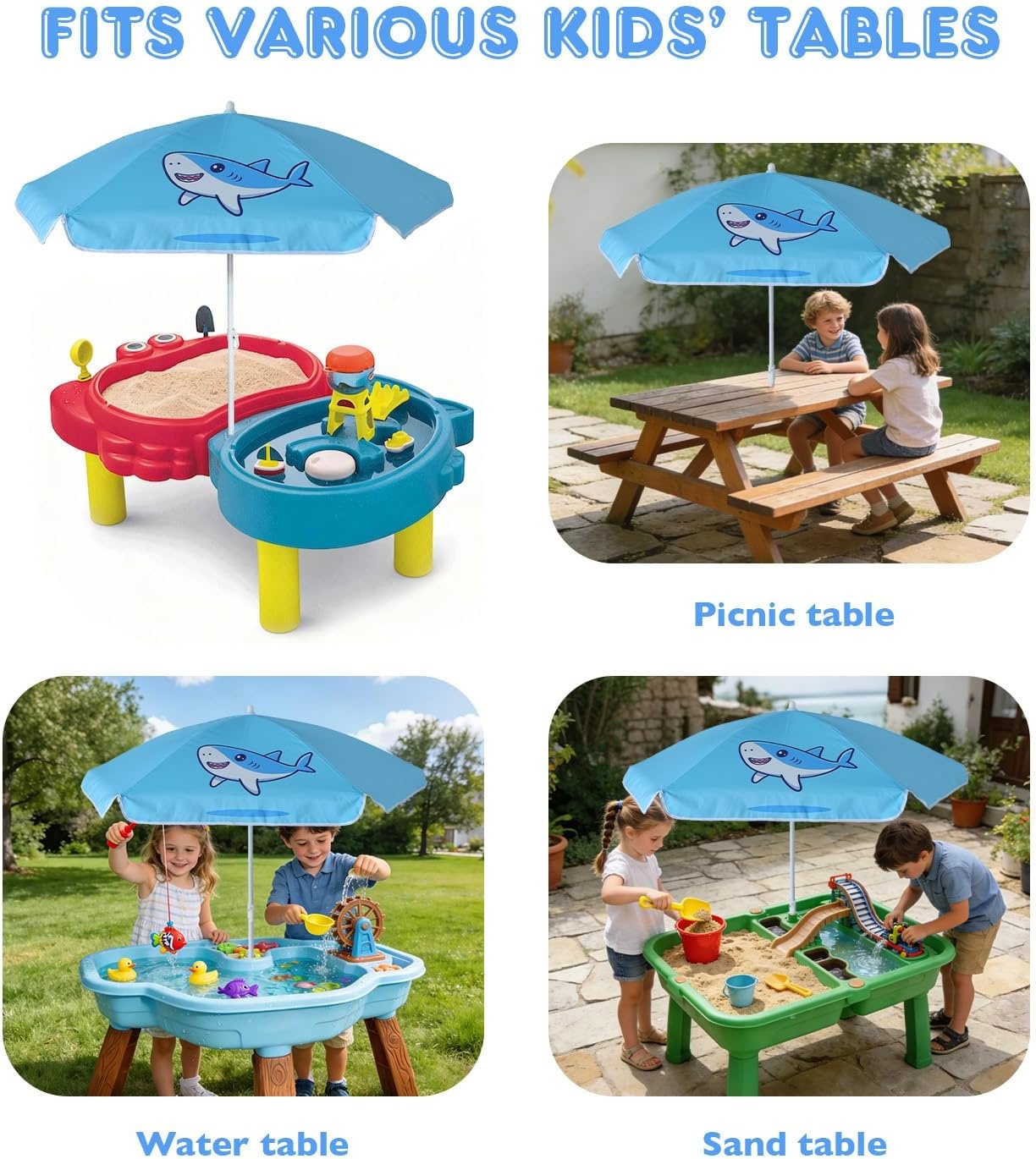 image:imageAMMSUN 5ft Kids Beach Umbrella for Picnic Water Table Sand Box Sun Shade Durable Children Seaside Umbrella UV Protection UPF50 Ideal for sand play beach camping garden and outdoor fun5ft Blue Shark