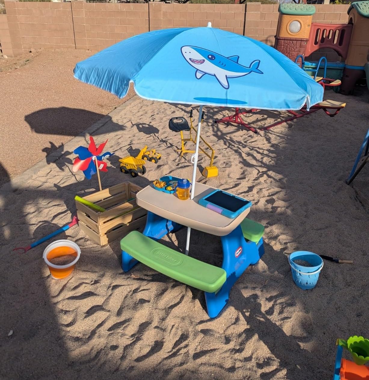 image:imageAMMSUN 5ft Kids Beach Umbrella for Picnic Water Table Sand Box Sun Shade Durable Children Seaside Umbrella UV Protection UPF50 Ideal for sand play beach camping garden and outdoor fun5ft Blue Shark