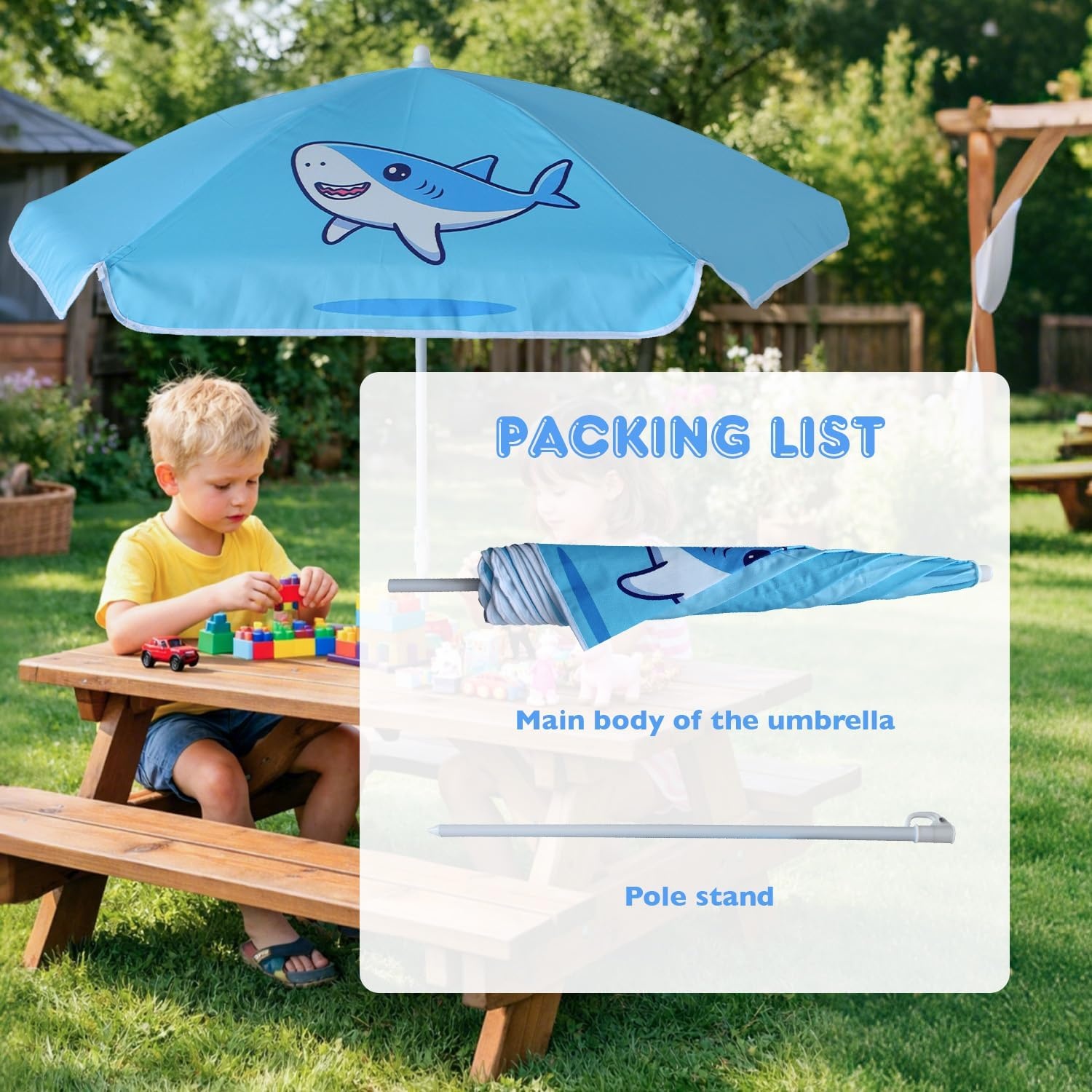 image:imageAMMSUN 5ft Kids Beach Umbrella for Picnic Water Table Sand Box Sun Shade Durable Children Seaside Umbrella UV Protection UPF50 Ideal for sand play beach camping garden and outdoor fun5ft Blue Shark
