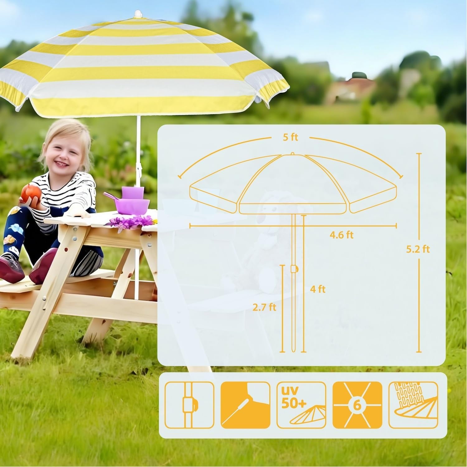 image:imageAMMSUN 5ft Kids Beach Umbrella for Picnic Water Table Sand Box Sun Shade Durable Children Seaside Umbrella UV Protection UPF50 Ideal for sand play beach camping garden and outdoor fun5ft Yellow White