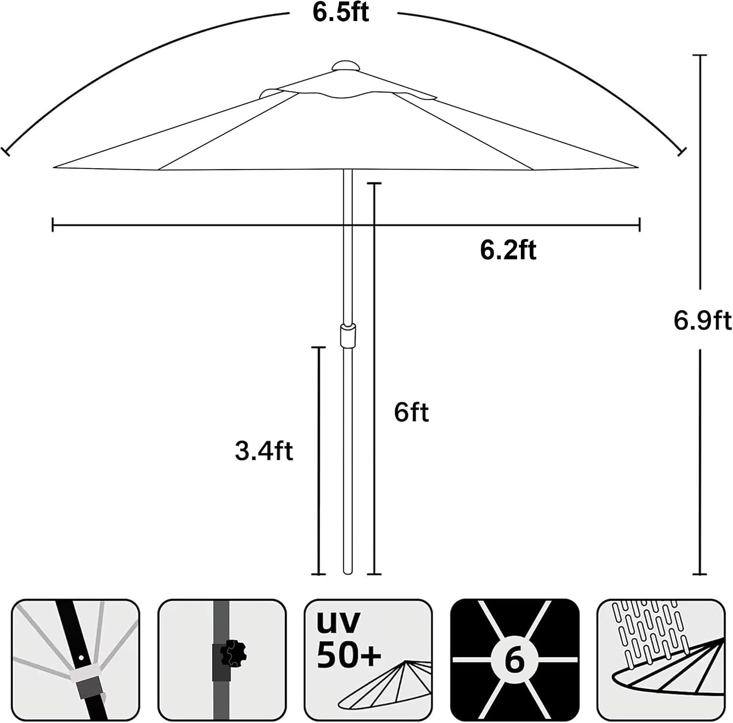 image:imageAMMSUN 6FT Patio Umbrella Outdoor Table Umbrella with Push Button Tilt UPF50 Sun Protection and WaterResistant Fabric Premium Steel Pole and Ribs HeightAdjustable and PushButton TiltOnyx Black