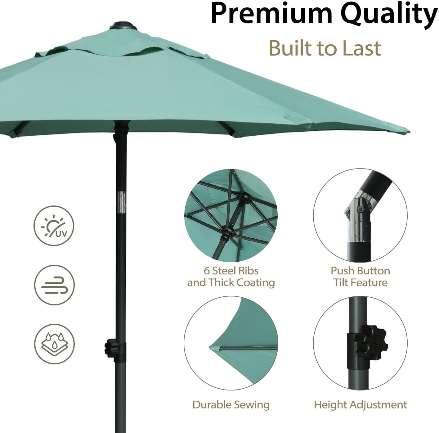 image:imageAMMSUN 6FT Patio Umbrella Outdoor Table Umbrella with Push Button Tilt UPF50 Sun Protection and WaterResistant Fabric Premium Steel Pole and Ribs HeightAdjustable and PushButton TiltAqua Green