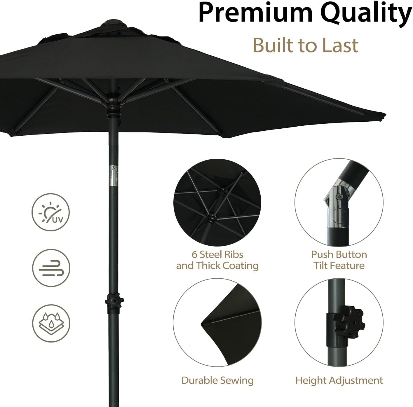 image:imageAMMSUN 6FT Patio Umbrella Outdoor Table Umbrella with Push Button Tilt UPF50 Sun Protection and WaterResistant Fabric Premium Steel Pole and Ribs HeightAdjustable and PushButton TiltOnyx Black