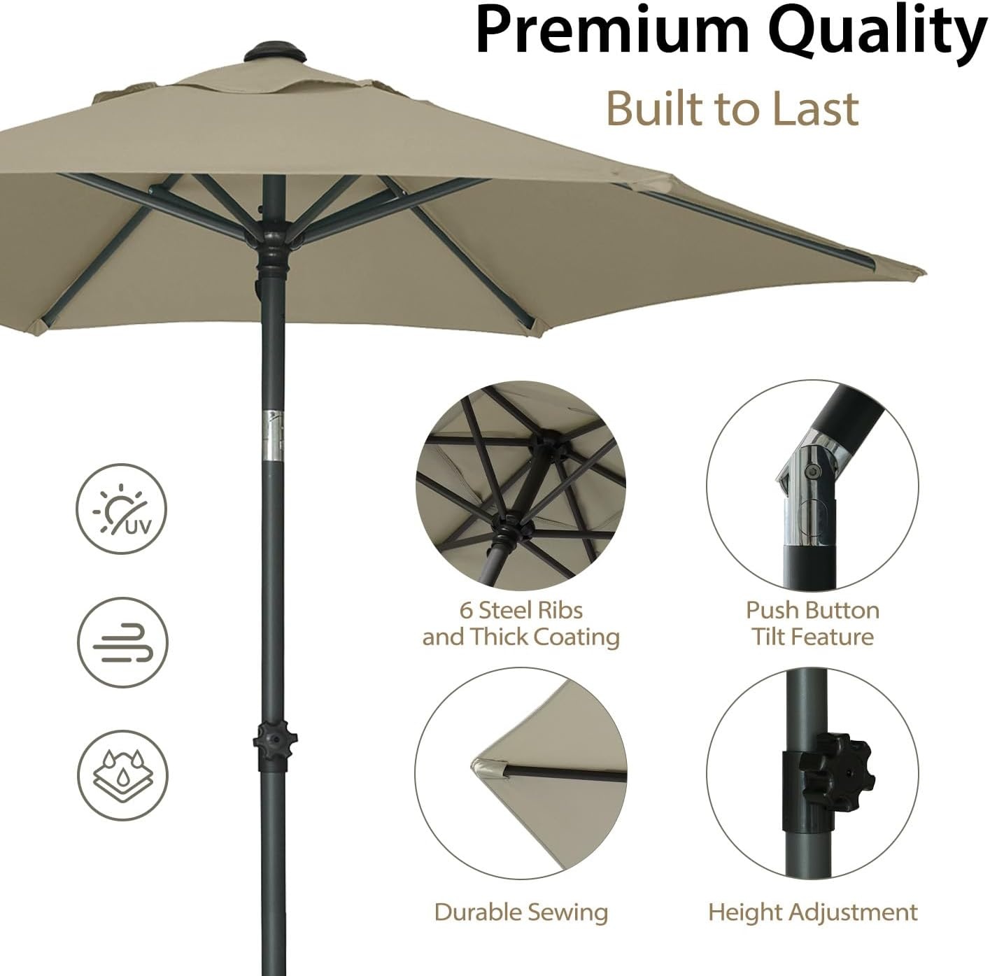 image:imageAMMSUN 6FT Patio Umbrella Outdoor Table Umbrella with Push Button Tilt UPF50 Sun Protection and WaterResistant Fabric Premium Steel Pole and Ribs HeightAdjustable and PushButton TiltKhaki