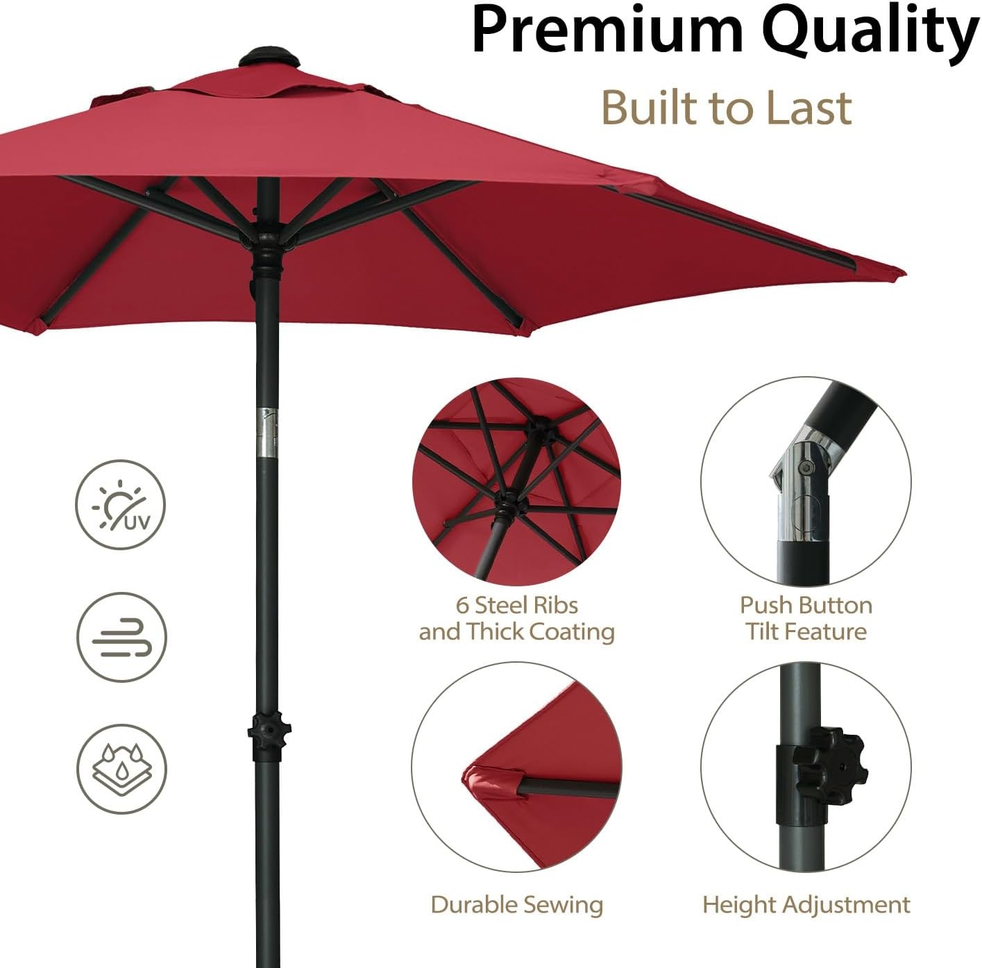 image:imageAMMSUN 6FT Patio Umbrella Outdoor Table Umbrella with Push Button Tilt UPF50 Sun Protection and WaterResistant Fabric Premium Steel Pole and Ribs HeightAdjustable and PushButton TiltCrimson Red