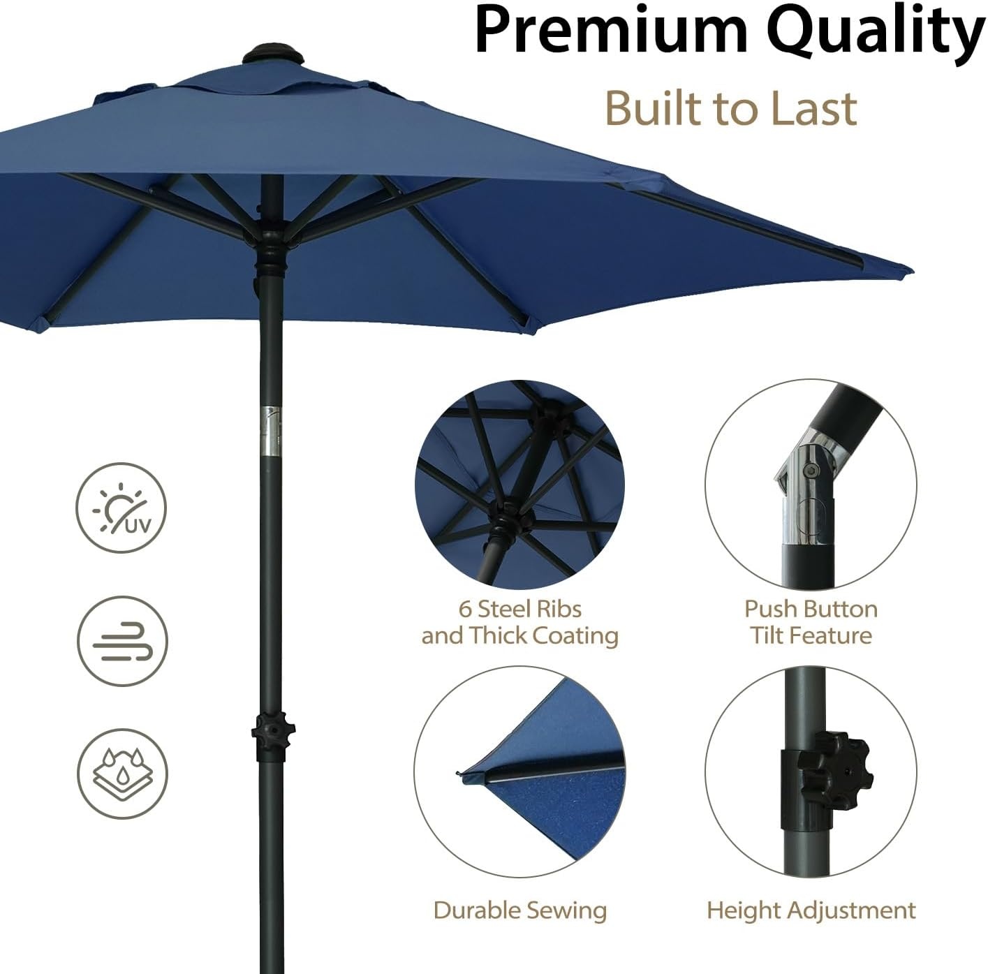 image:imageAMMSUN 6FT Patio Umbrella Outdoor Table Umbrella with Push Button Tilt UPF50 Sun Protection and WaterResistant Fabric Premium Steel Pole and Ribs HeightAdjustable and PushButton TiltNavy Blue