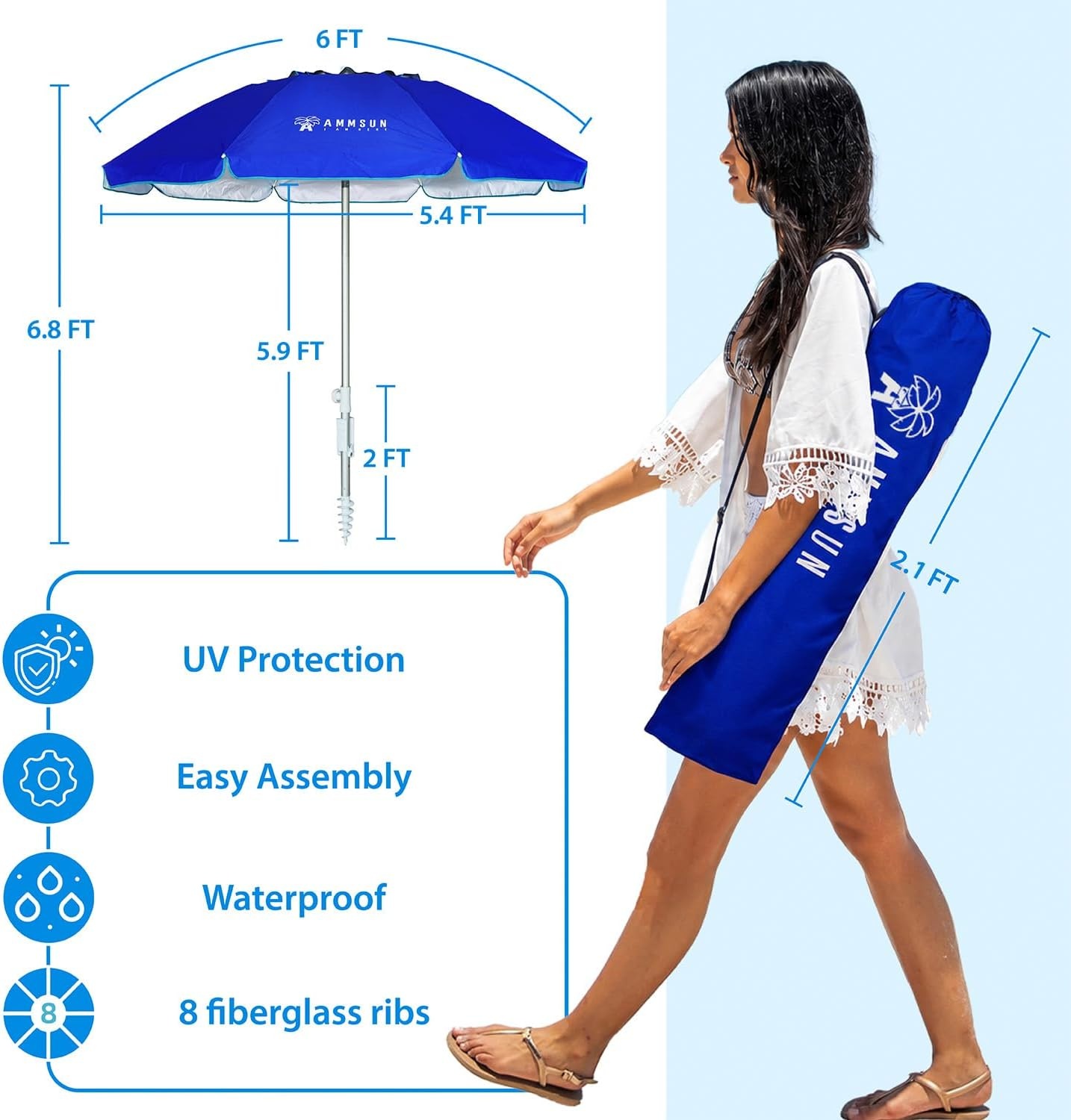 image:imageAMMSUN 6ft Folded Portable Travel Beach Umbrella with Sand Anchor Tilt Air vent UPF 50UV Protection Fit In Suitcase Compact Foldable Telescopic umbrellas for Patio Garden Beach Pool Blue6ft Navy Blue