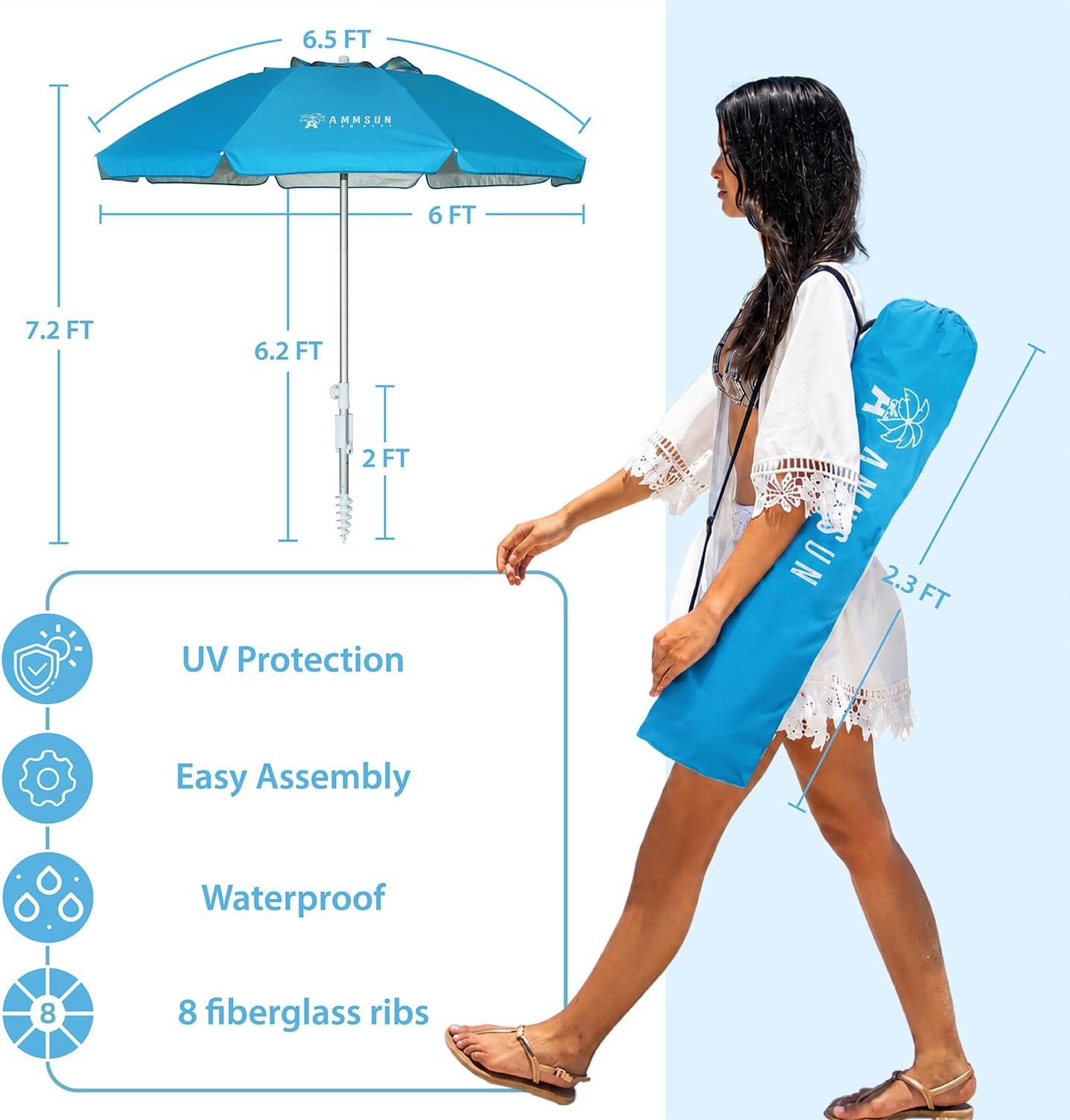 image:imageAMMSUN 6ft Folded Portable Travel Beach Umbrella with Sand Anchor Tilt Air vent UPF 50UV Protection Fit In Suitcase Compact Foldable Telescopic umbrellas for Patio Garden Beach Pool Blue65ft Light Blue