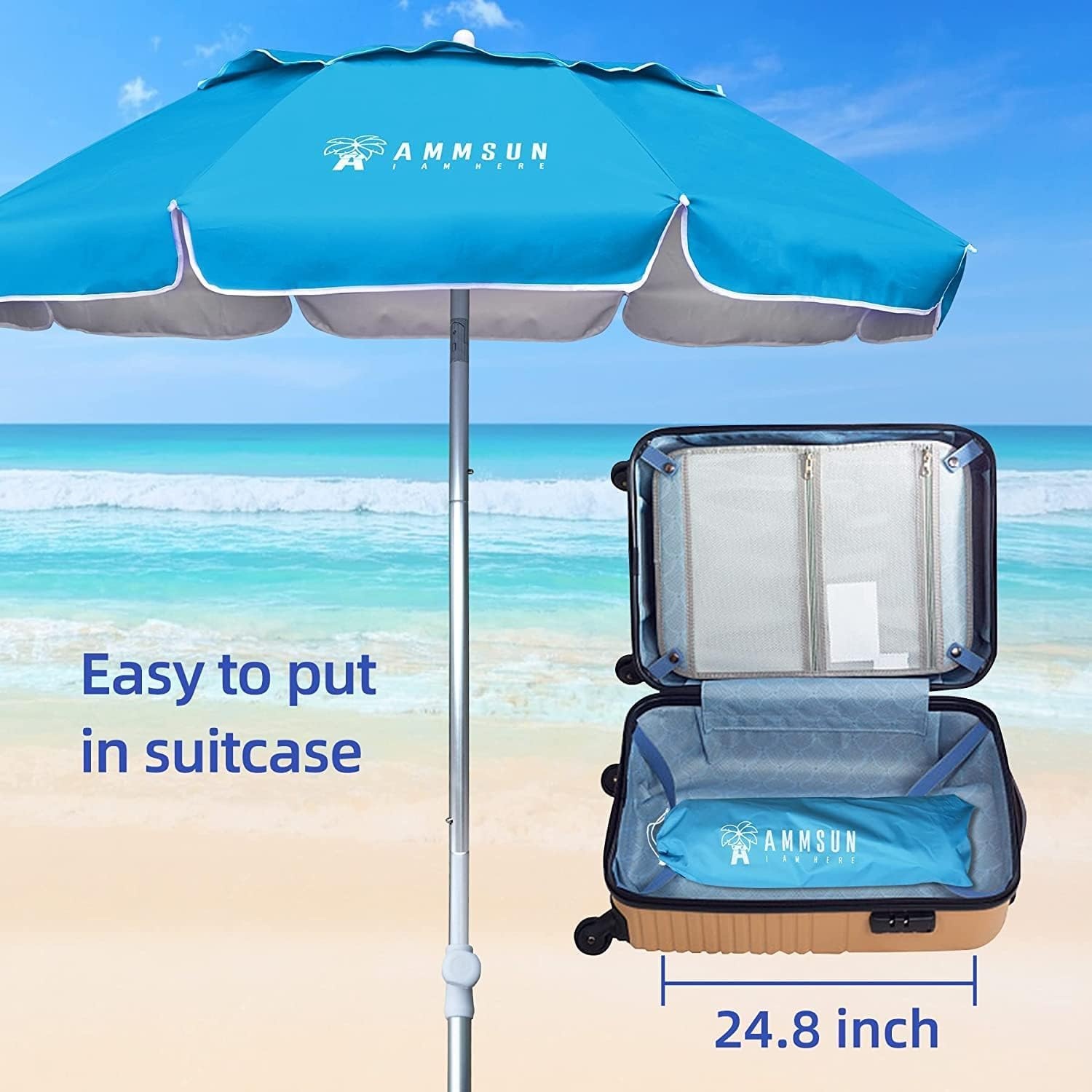 image:imageAMMSUN 6ft Folded Portable Travel Beach Umbrella with Sand Anchor Tilt Air vent UPF 50UV Protection Fit In Suitcase Compact Foldable Telescopic umbrellas for Patio Garden Beach Pool Blue6ft Light Blue