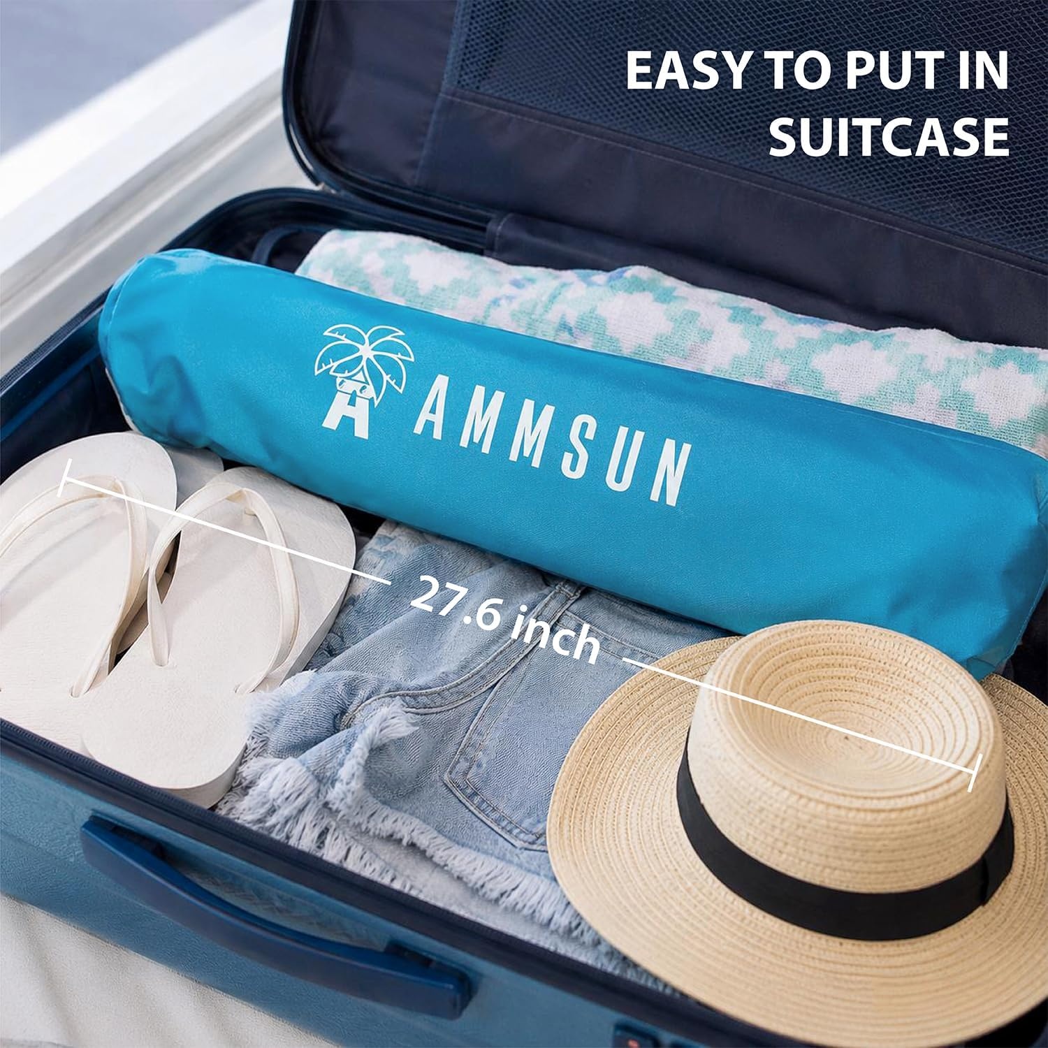 image:imageAMMSUN 6ft Folded Portable Travel Beach Umbrella with Sand Anchor Tilt Air vent UPF 50UV Protection Fit In Suitcase Compact Foldable Telescopic umbrellas for Patio Garden Beach Pool Blue65ft Light Blue