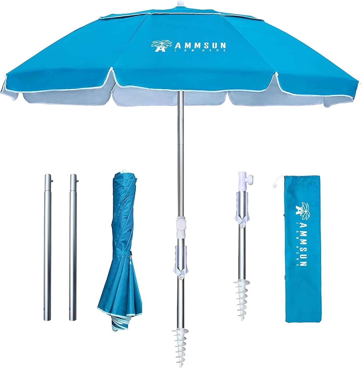 image:imageAMMSUN 6ft Folded Portable Travel Beach Umbrella with Sand Anchor Tilt Air vent UPF 50UV Protection Fit In Suitcase Compact Foldable Telescopic umbrellas for Patio Garden Beach Pool Blue65ft Light Blue