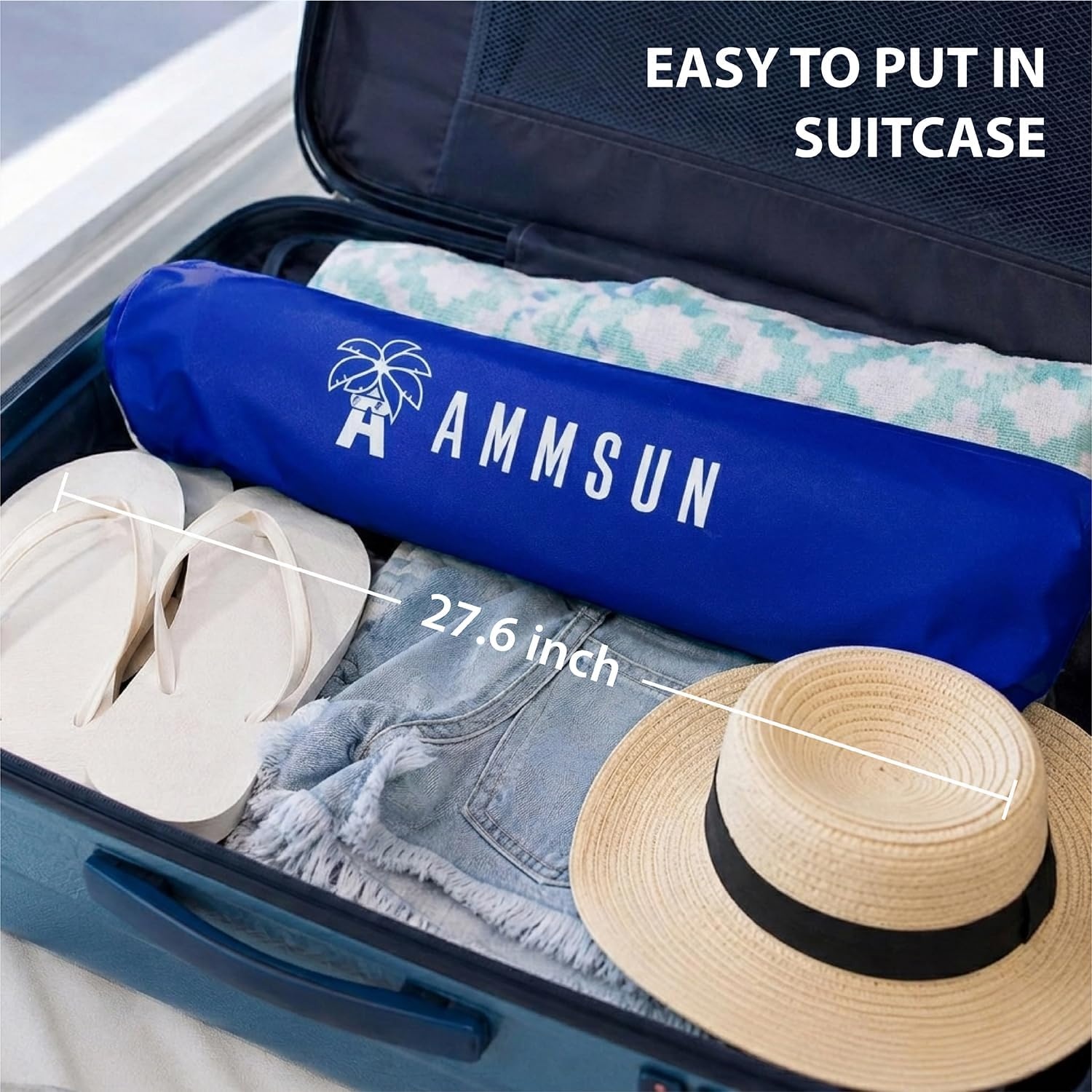 image:imageAMMSUN 6ft Folded Portable Travel Beach Umbrella with Sand Anchor Tilt Air vent UPF 50UV Protection Fit In Suitcase Compact Foldable Telescopic umbrellas for Patio Garden Beach Pool Blue65ft Blue