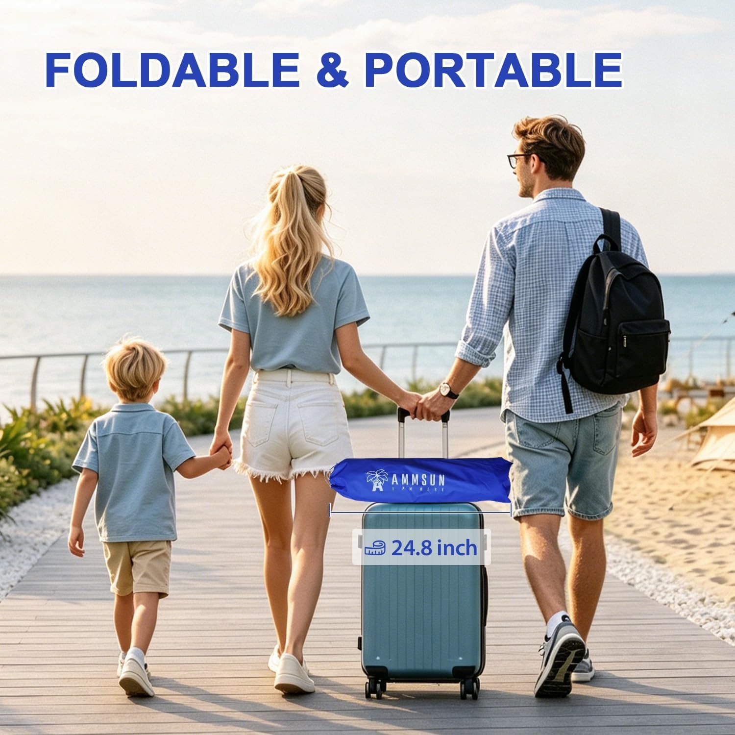 image:imageAMMSUN 6ft Folded Portable Travel Beach Umbrella with Sand Anchor Tilt Air vent UPF 50UV Protection Fit In Suitcase Compact Foldable Telescopic umbrellas for Patio Garden Beach Pool Blue6ft Navy Blue