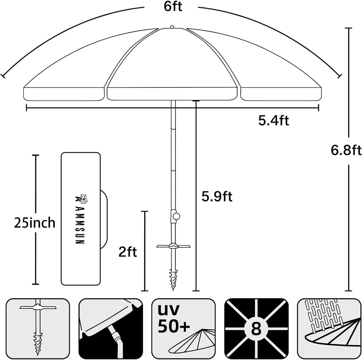 image:imageAMMSUN 6ft Folded Portable Travel Beach Umbrella with Sand Anchor Tilt Air vent UPF 50UV Protection Fit In Suitcase Compact Foldable Telescopic umbrellas for Patio Garden Beach Pool Blue6ft Light Blue