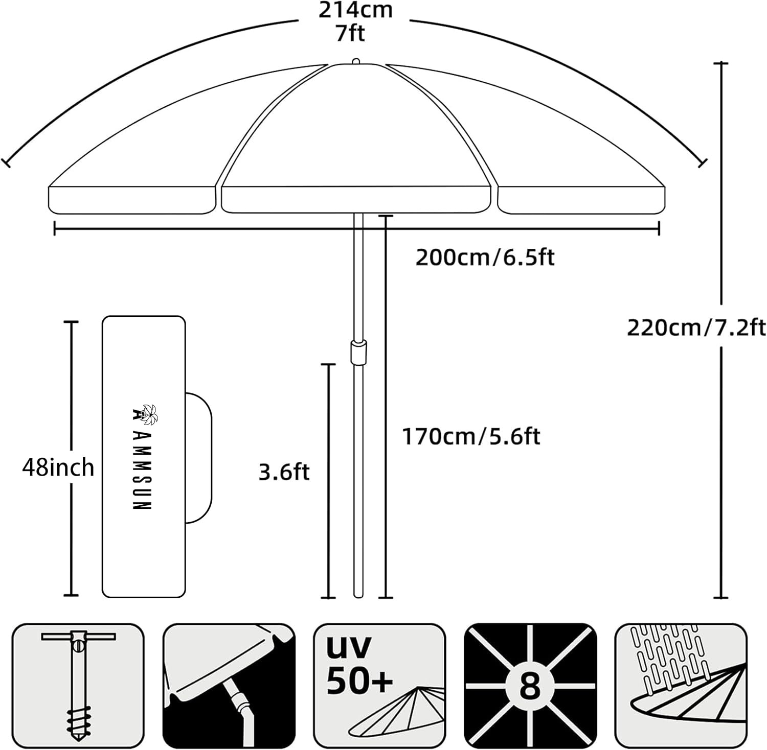 image:imageAMMSUN 7ft Heavy Duty High Wind Beach Umbrella Parasols with sand anchor amp Tilt Sun Shelter UPF 50 Protection Outdoor Sunshade Umbrellas Carry Bag for Patio Garden Pool Backyard MulticolorBlue Orange