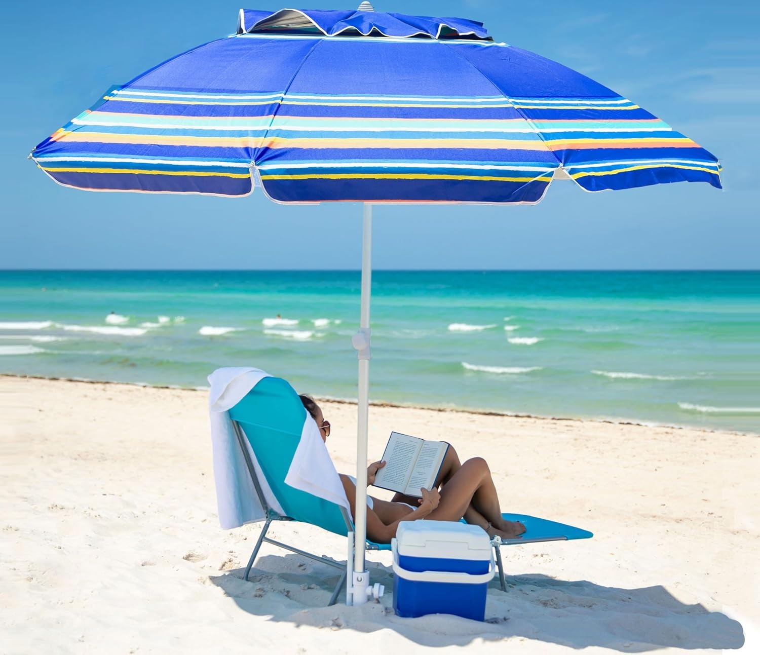 image:imageAMMSUN 7ft Heavy Duty High Wind Beach Umbrella Parasols with sand anchor amp Tilt Sun Shelter UPF 50 Protection Outdoor Sunshade Umbrellas Carry Bag for Patio Garden Pool Backyard MulticolorBlue