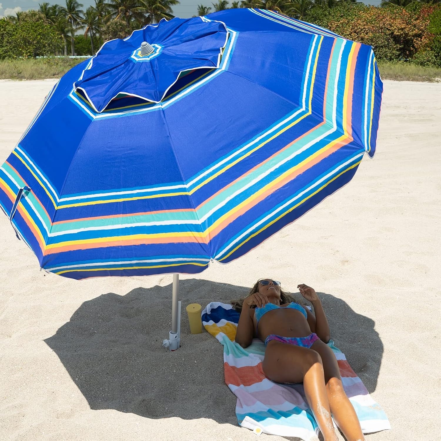 image:imageAMMSUN 7ft Heavy Duty High Wind Beach Umbrella Parasols with sand anchor amp Tilt Sun Shelter UPF 50 Protection Outdoor Sunshade Umbrellas Carry Bag for Patio Garden Pool Backyard MulticolorBlue