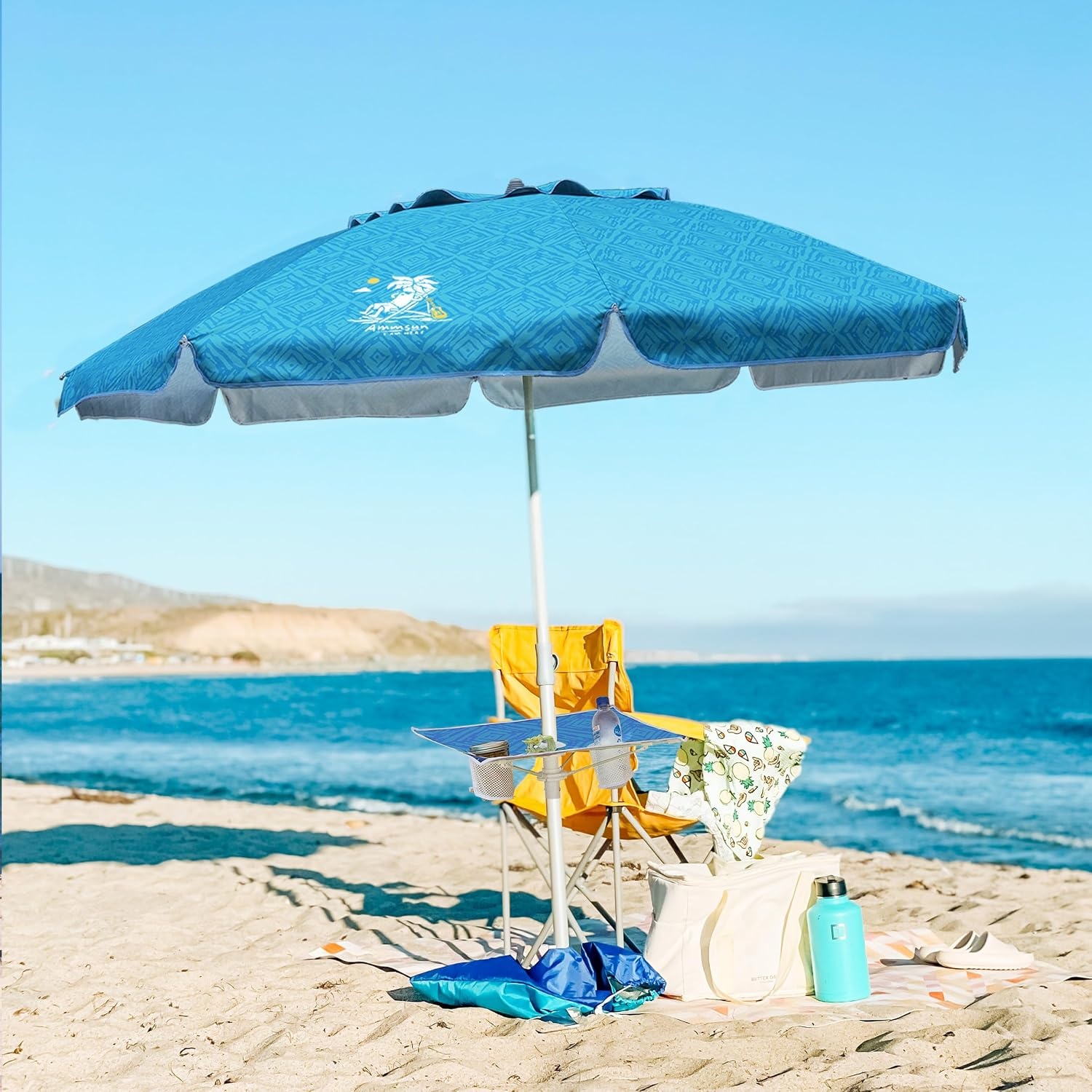 image:imageAMMSUN Beach Umbrellas for Sand Heavy Duty Wind Portable 65ft Sand Anchor UV 50 Protection Includes Carry Bag Push Button Tilt Lightweight Easy Setup Silence BlueSky Blue