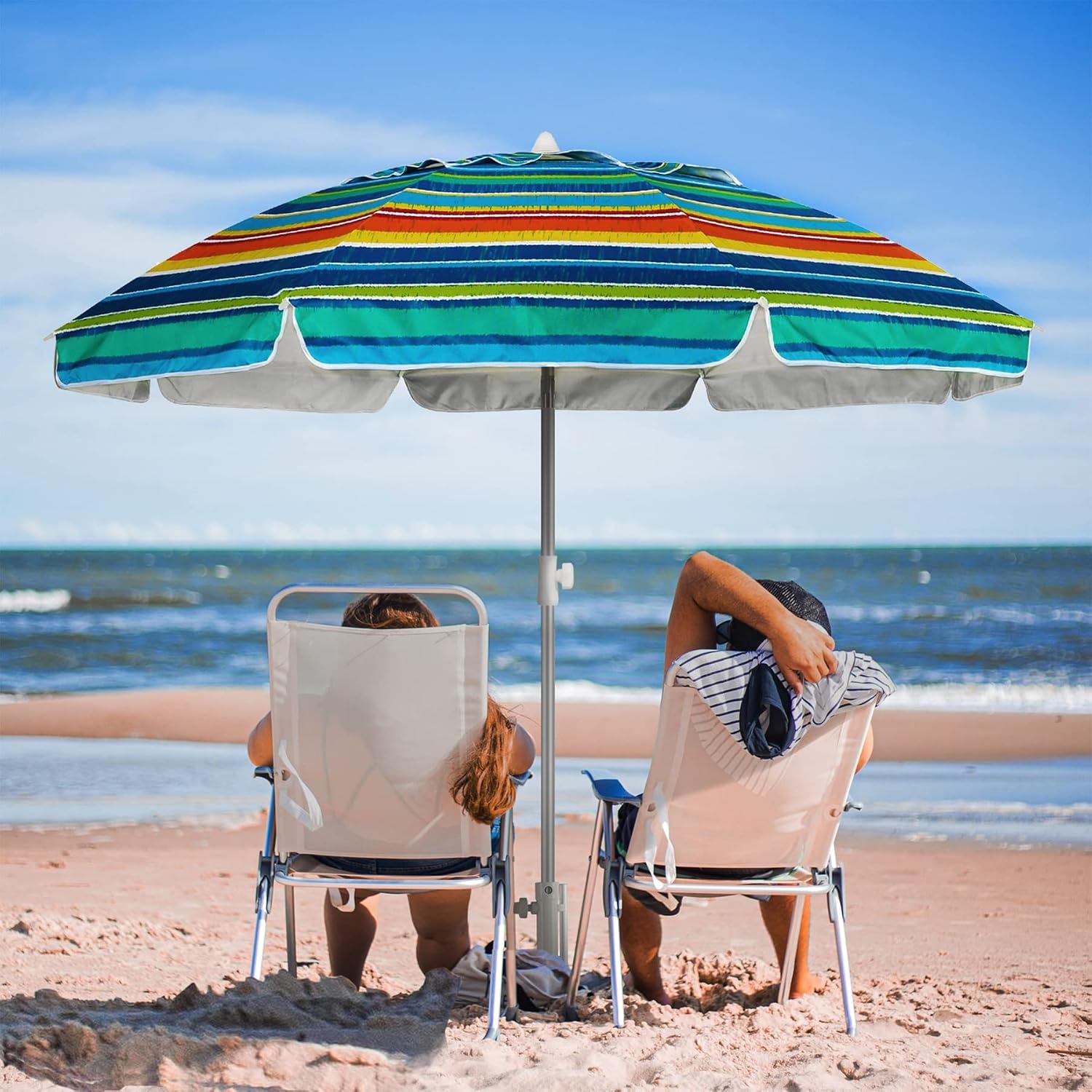 image:imageAMMSUN Beach Umbrellas for Sand Heavy Duty Wind Portable 65ft Sand Anchor UV 50 Protection Includes Carry Bag Push Button Tilt Lightweight Easy Setup Silence BlueActive Sunfire