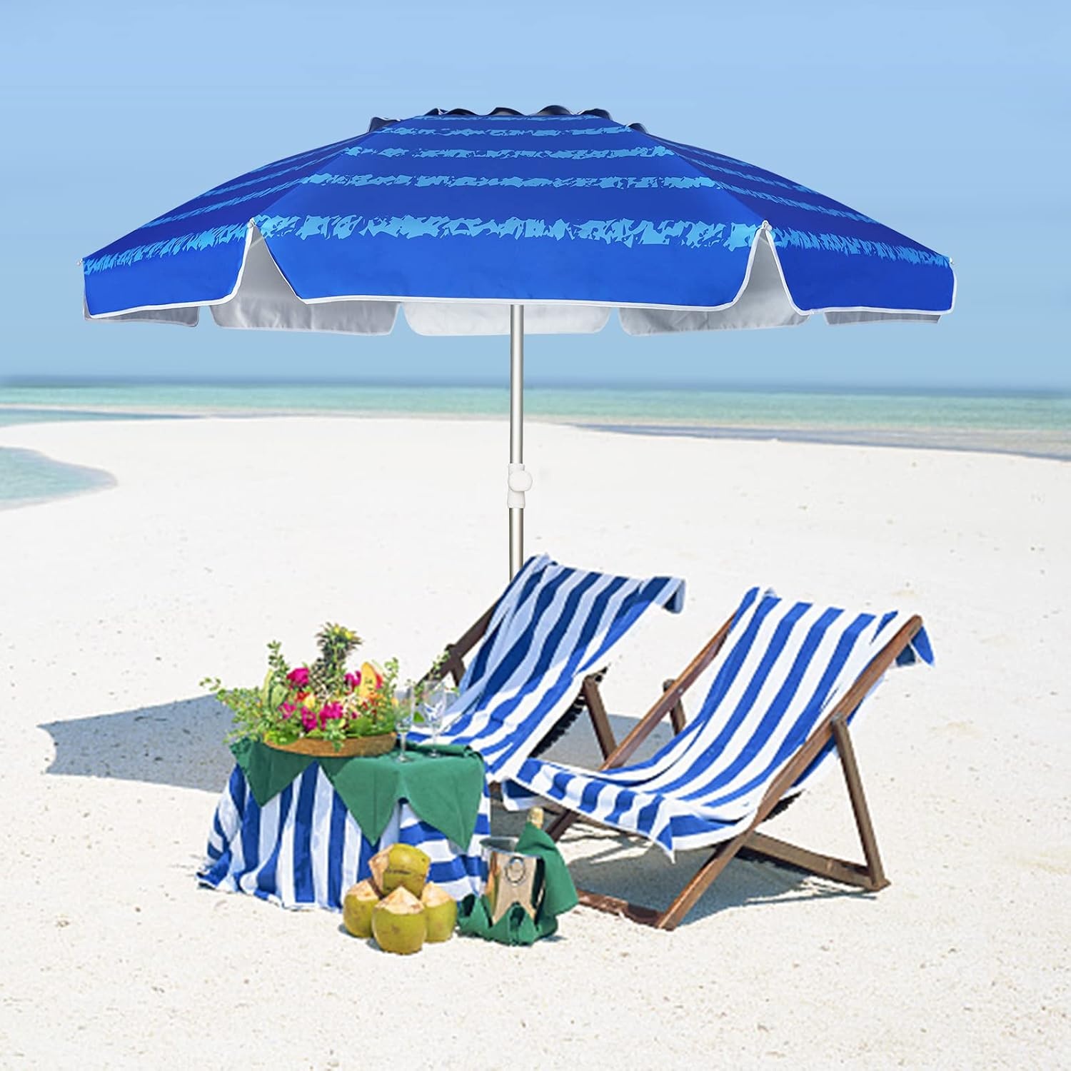 image:imageAMMSUN Beach Umbrellas for Sand Heavy Duty Wind Portable 65ft Sand Anchor UV 50 Protection Includes Carry Bag Push Button Tilt Lightweight Easy Setup Silence BlueSilence Blue