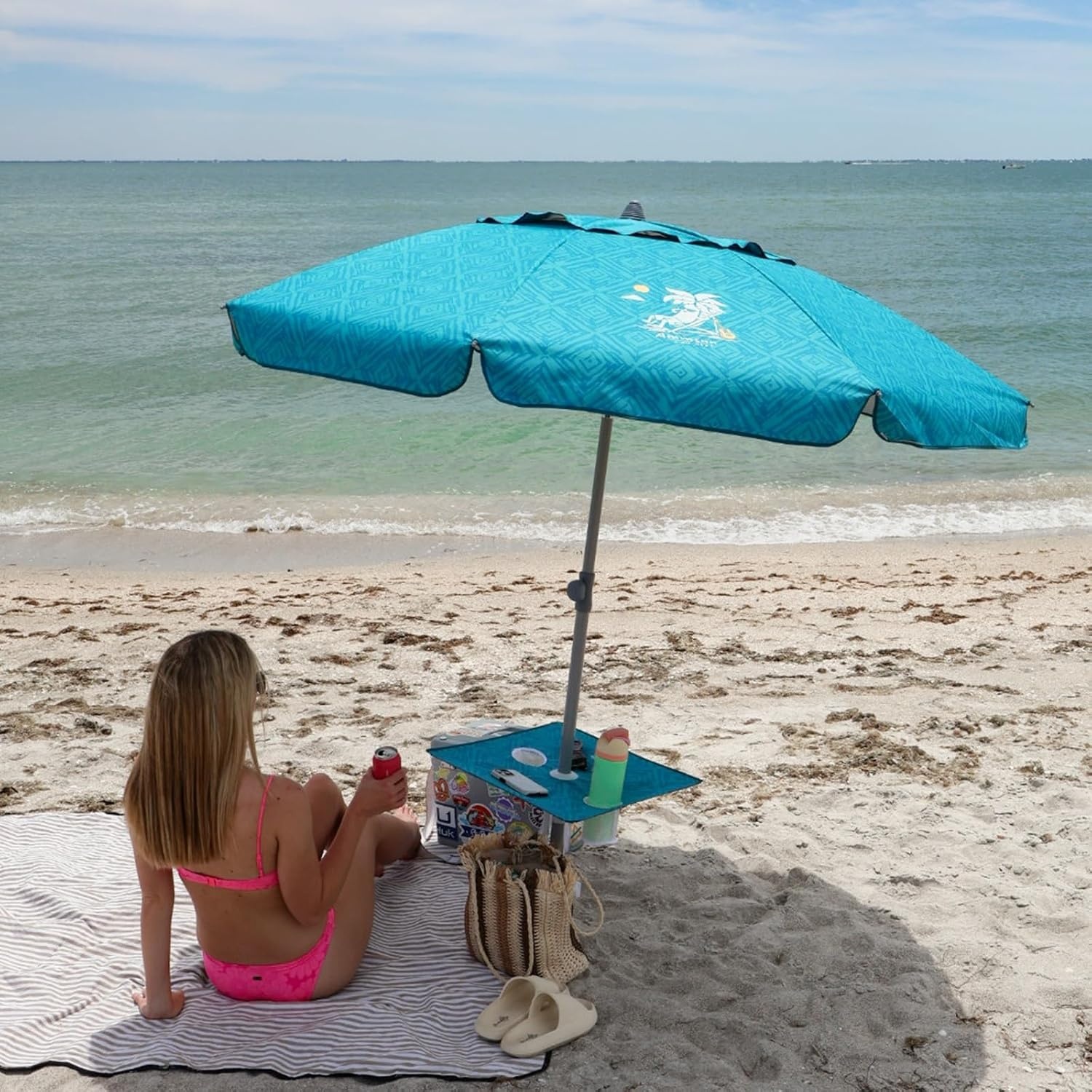 image:imageAMMSUN Beach Umbrellas for Sand Heavy Duty Wind Portable 65ft Sand Anchor UV 50 Protection Includes Carry Bag Push Button Tilt Lightweight Easy Setup Silence BlueSky Blue