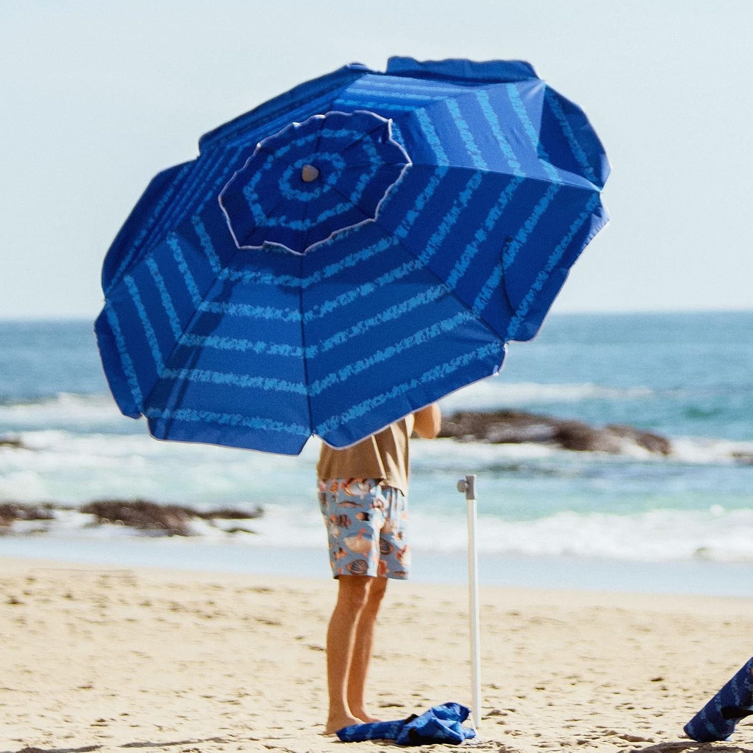 image:imageAMMSUN Beach Umbrellas for Sand Heavy Duty Wind Portable 65ft Sand Anchor UV 50 Protection Includes Carry Bag Push Button Tilt Lightweight Easy Setup Silence BlueSilence Blue