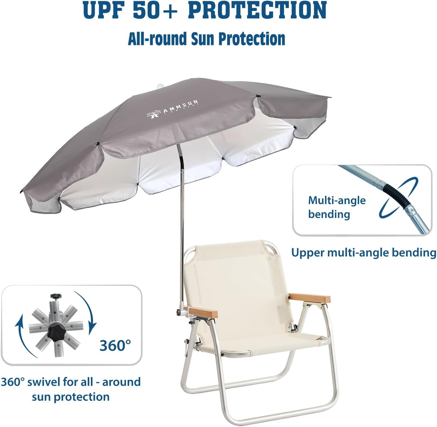 image:imageAMMSUN Chair Umbrella with Universal Clamp Adjustable 47 inches and 360 Swivel amp UPF 50 Protection Portable Sun Umbrella Secure Clip on CampingBeach Chairs Stroller Wheelchair Golf cart Lounger Grey LargesizedGrey