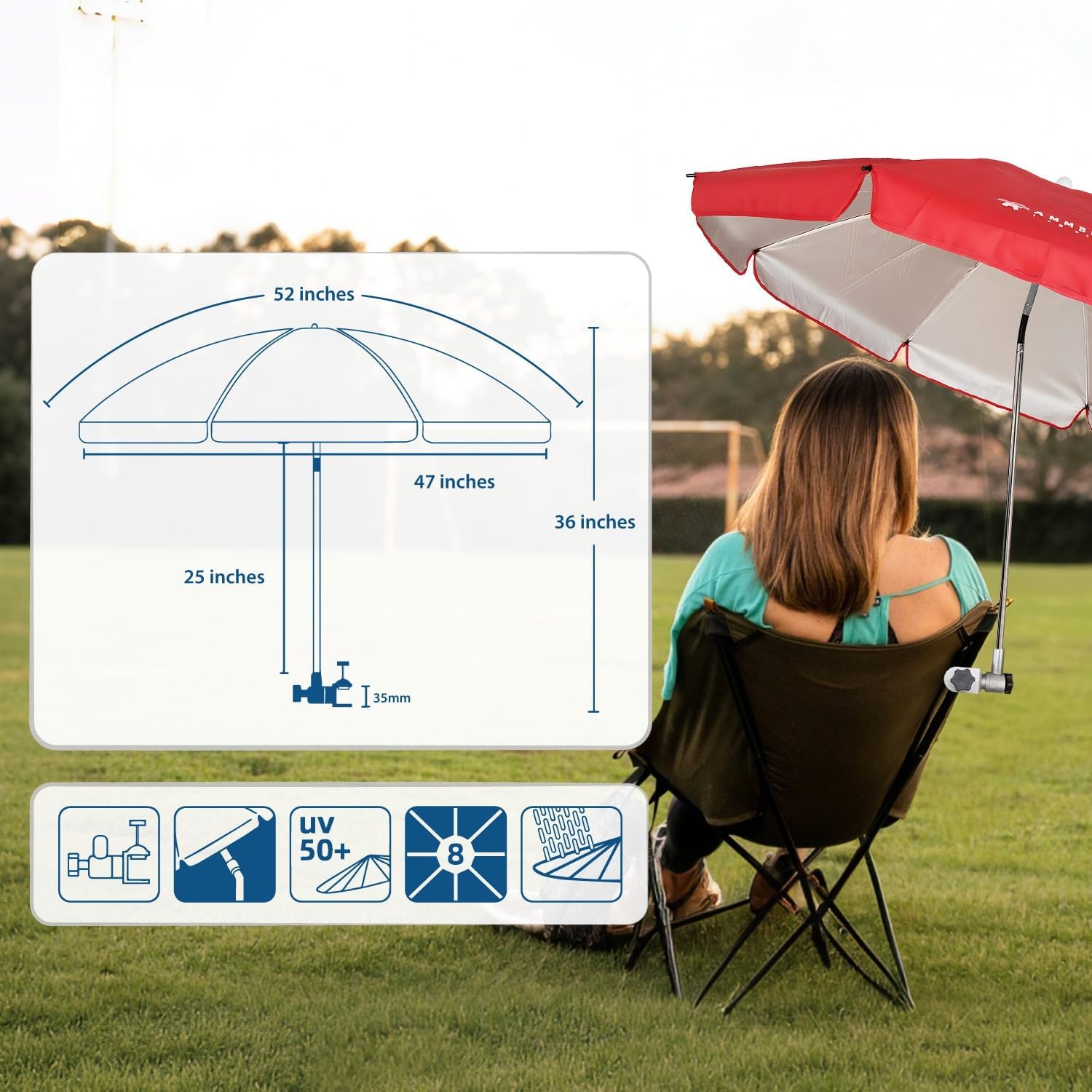 image:imageAMMSUN Chair Umbrella with Universal Clamp Adjustable 47 inches and 360 Swivel amp UPF 50 Protection Portable Sun Umbrella Secure Clip on CampingBeach Chairs Stroller Wheelchair Golf cart Lounger Grey LargesizedRed2 PACK