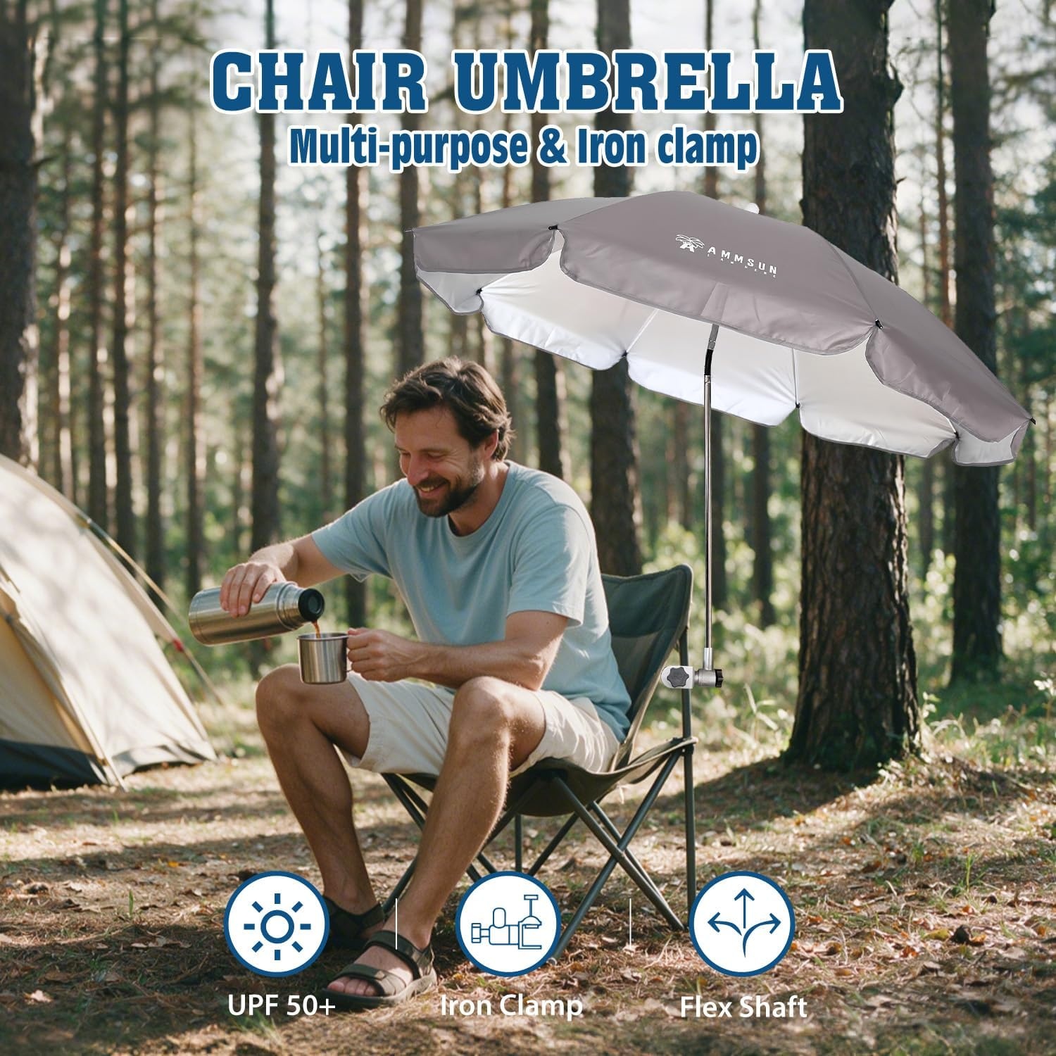 image:imageAMMSUN Chair Umbrella with Universal Clamp Adjustable 47 inches and 360 Swivel amp UPF 50 Protection Portable Sun Umbrella Secure Clip on CampingBeach Chairs Stroller Wheelchair Golf cart Lounger Grey LargesizedGrey