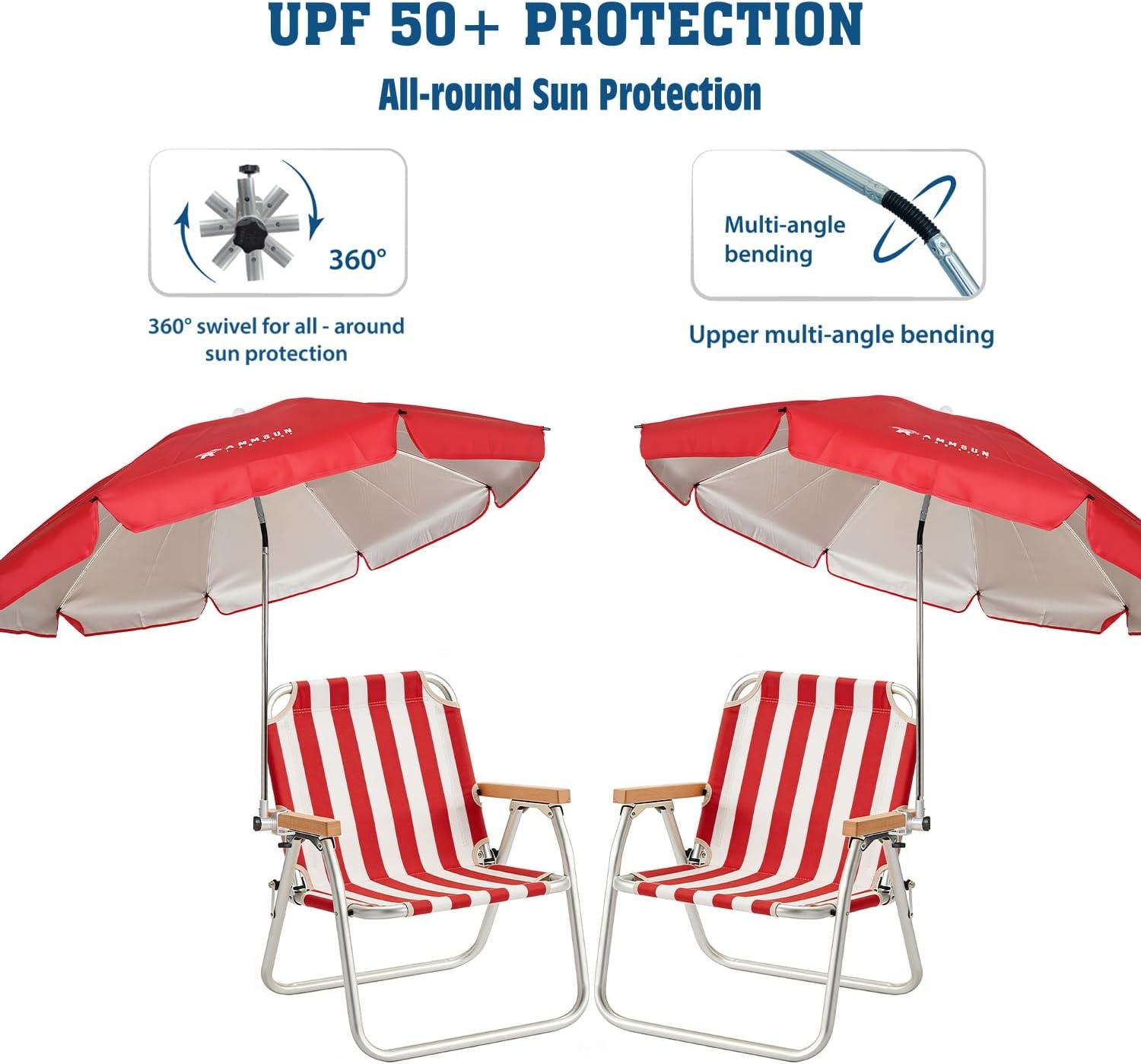image:imageAMMSUN Chair Umbrella with Universal Clamp Adjustable 47 inches and 360 Swivel amp UPF 50 Protection Portable Sun Umbrella Secure Clip on CampingBeach Chairs Stroller Wheelchair Golf cart Lounger Grey LargesizedRed2 PACK
