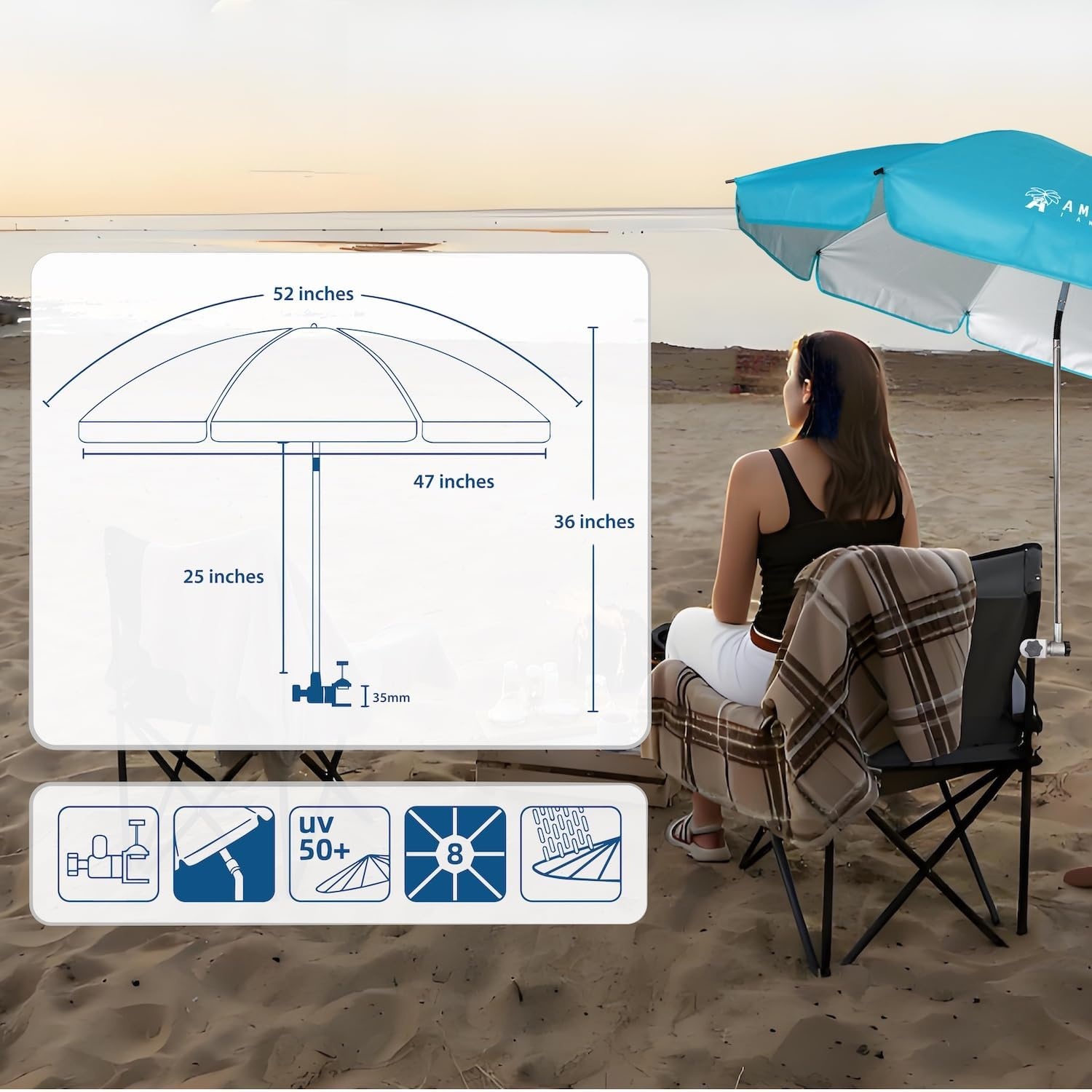 image:imageAMMSUN Chair Umbrella with Universal Clamp Adjustable 47 inches and 360 Swivel amp UPF 50 Protection Portable Sun Umbrella Secure Clip on CampingBeach Chairs Stroller Wheelchair Golf cart Lounger Grey LargesizedLight Blue2 PACK