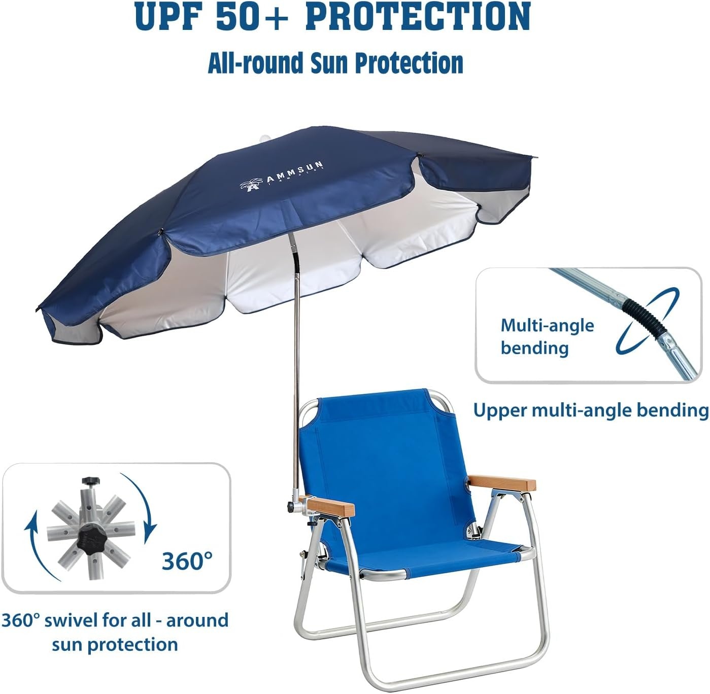 image:imageAMMSUN Chair Umbrella with Universal Clamp Adjustable 47 inches and 360 Swivel amp UPF 50 Protection Portable Sun Umbrella Secure Clip on CampingBeach Chairs Stroller Wheelchair Golf cart Lounger Grey LargesizedNavy Blue
