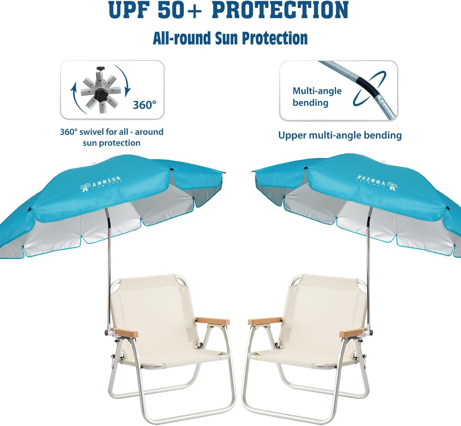 image:imageAMMSUN Chair Umbrella with Universal Clamp Adjustable 47 inches and 360 Swivel amp UPF 50 Protection Portable Sun Umbrella Secure Clip on CampingBeach Chairs Stroller Wheelchair Golf cart Lounger Grey LargesizedLight Blue2 PACK