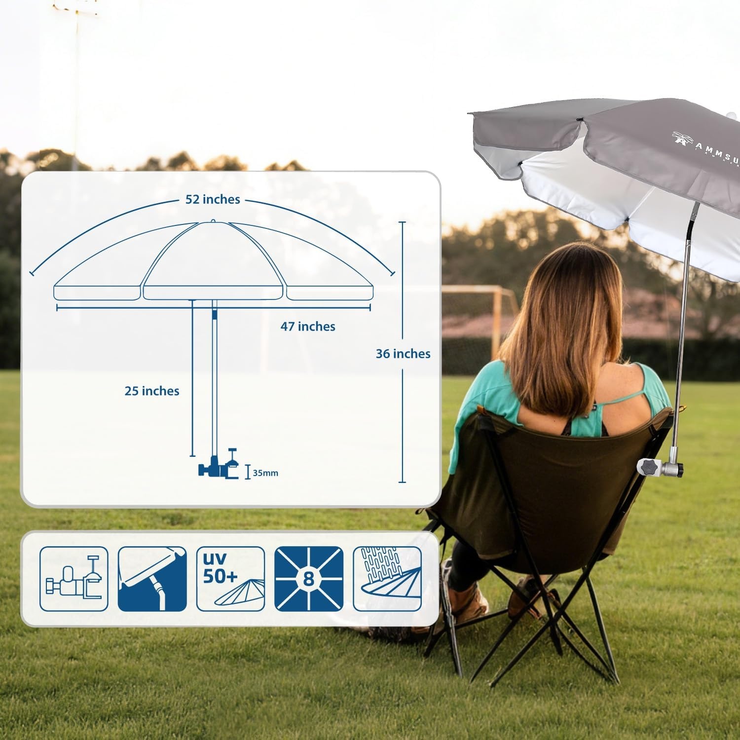 image:imageAMMSUN Chair Umbrella with Universal Clamp Adjustable 47 inches and 360 Swivel amp UPF 50 Protection Portable Sun Umbrella Secure Clip on CampingBeach Chairs Stroller Wheelchair Golf cart Lounger Grey LargesizedGrey2 PACK