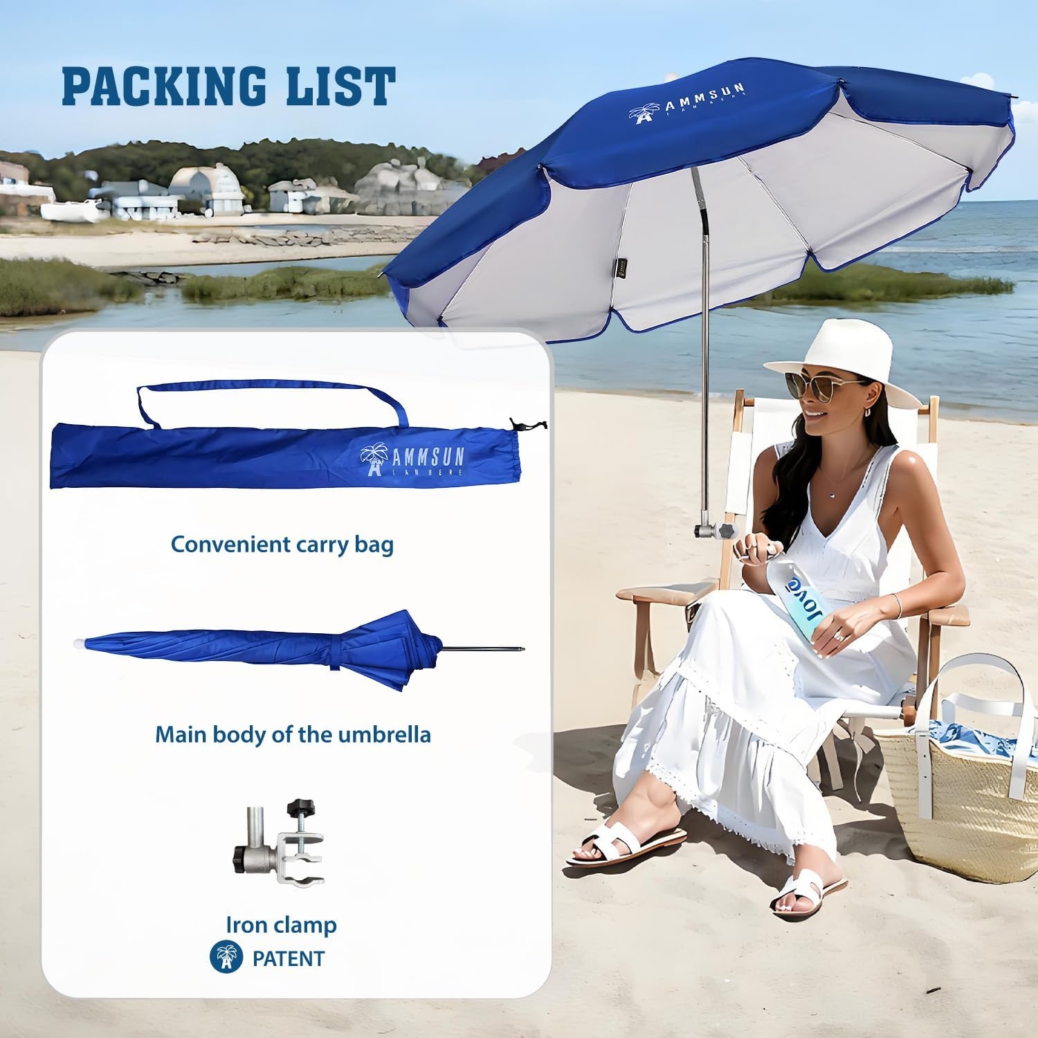 image:imageAMMSUN Chair Umbrella with Universal Clamp Adjustable 47 inches and 360 Swivel amp UPF 50 Protection Portable Sun Umbrella Secure Clip on CampingBeach Chairs Stroller Wheelchair Golf cart Lounger Grey LargesizedBlue