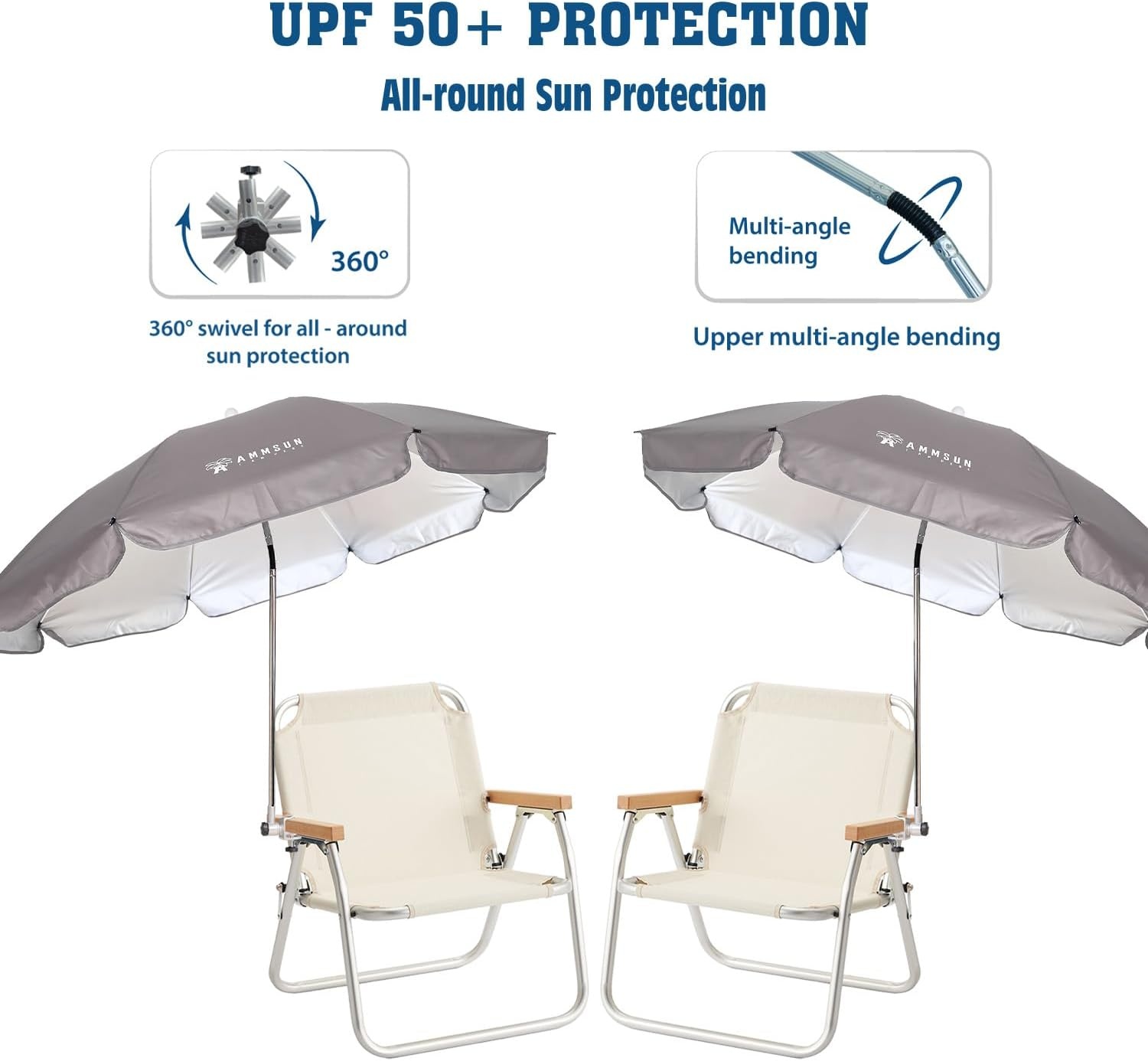 image:imageAMMSUN Chair Umbrella with Universal Clamp Adjustable 47 inches and 360 Swivel amp UPF 50 Protection Portable Sun Umbrella Secure Clip on CampingBeach Chairs Stroller Wheelchair Golf cart Lounger Grey LargesizedGrey2 PACK