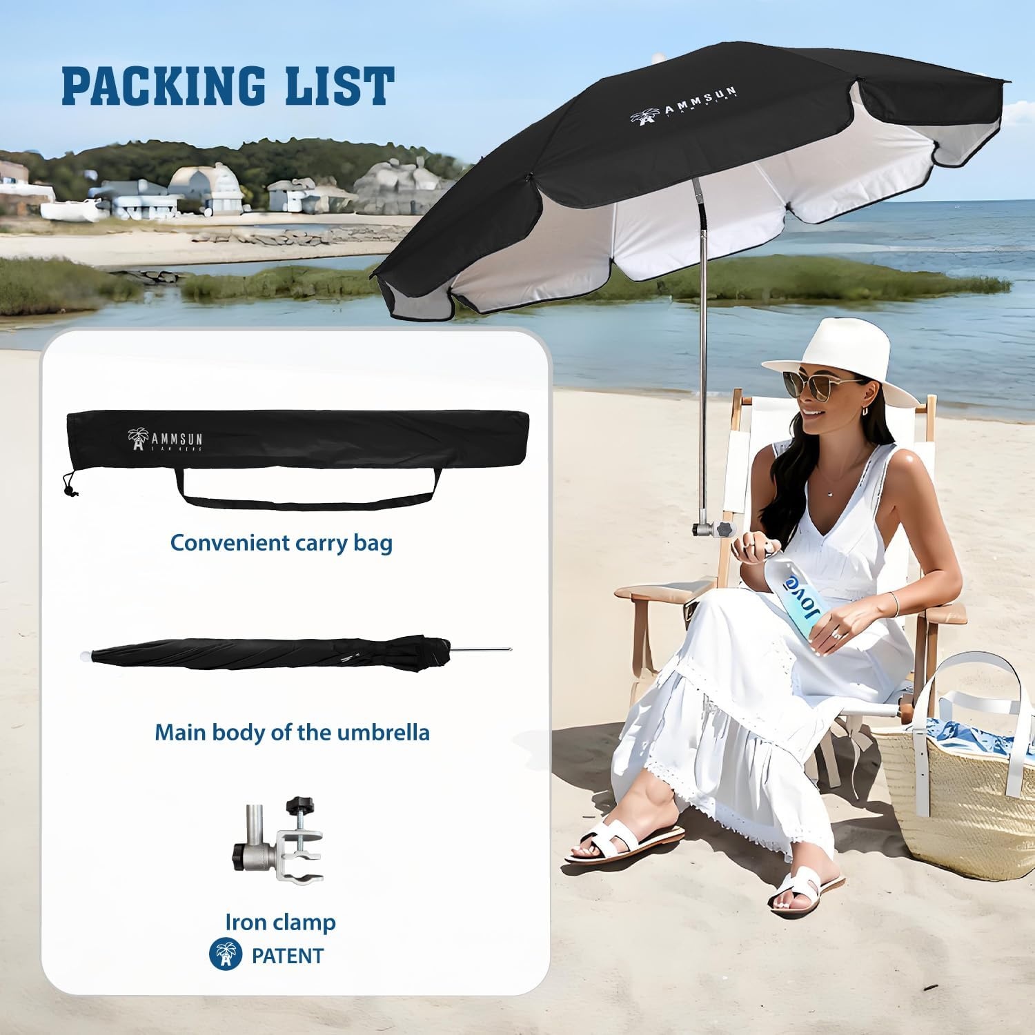 image:imageAMMSUN Chair Umbrella with Universal Clamp Adjustable 47 inches and 360 Swivel amp UPF 50 Protection Portable Sun Umbrella Secure Clip on CampingBeach Chairs Stroller Wheelchair Golf cart Lounger Grey LargesizedBlack2 PACK