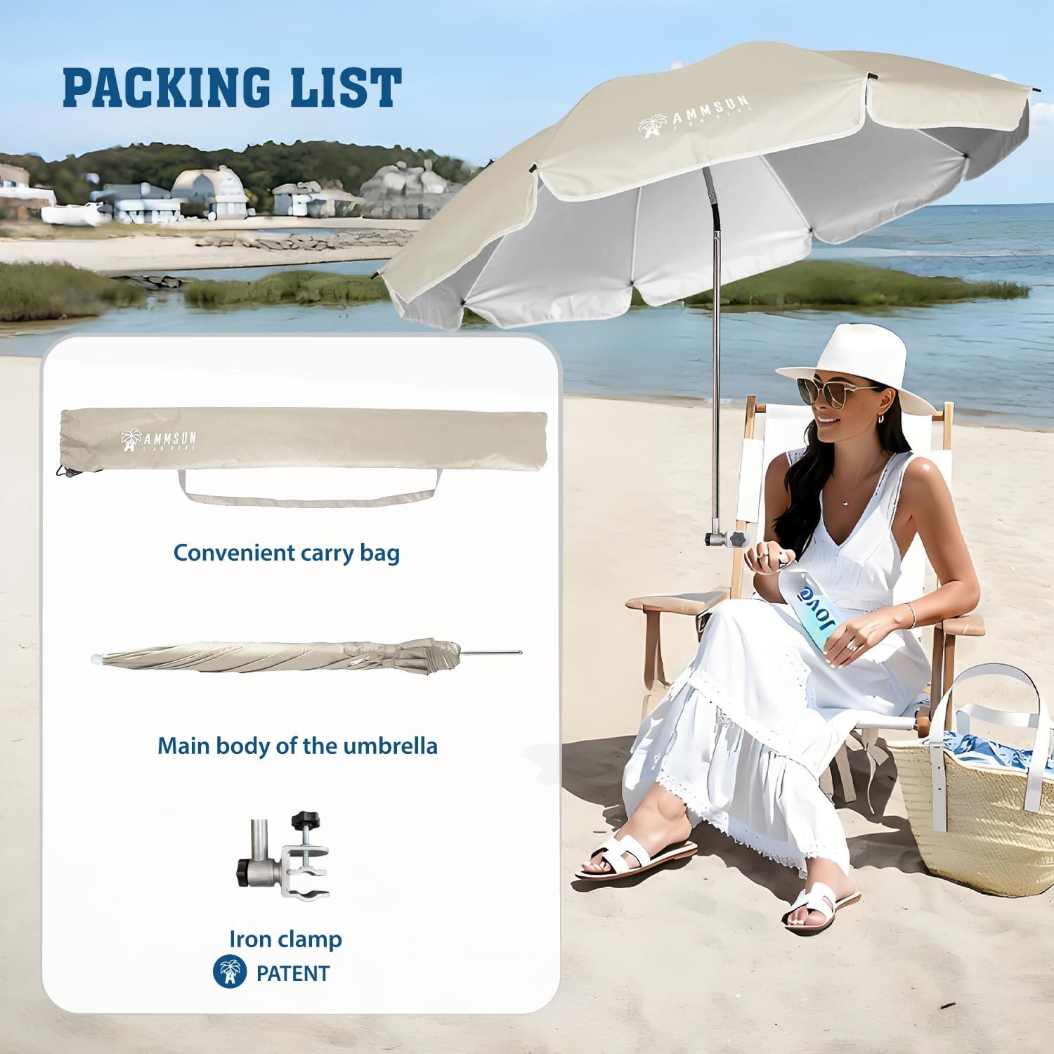 image:imageAMMSUN Chair Umbrella with Universal Clamp Adjustable 47 inches and 360 Swivel amp UPF 50 Protection Portable Sun Umbrella Secure Clip on CampingBeach Chairs Stroller Wheelchair Golf cart Lounger Grey LargesizedLight Beige2 PACK